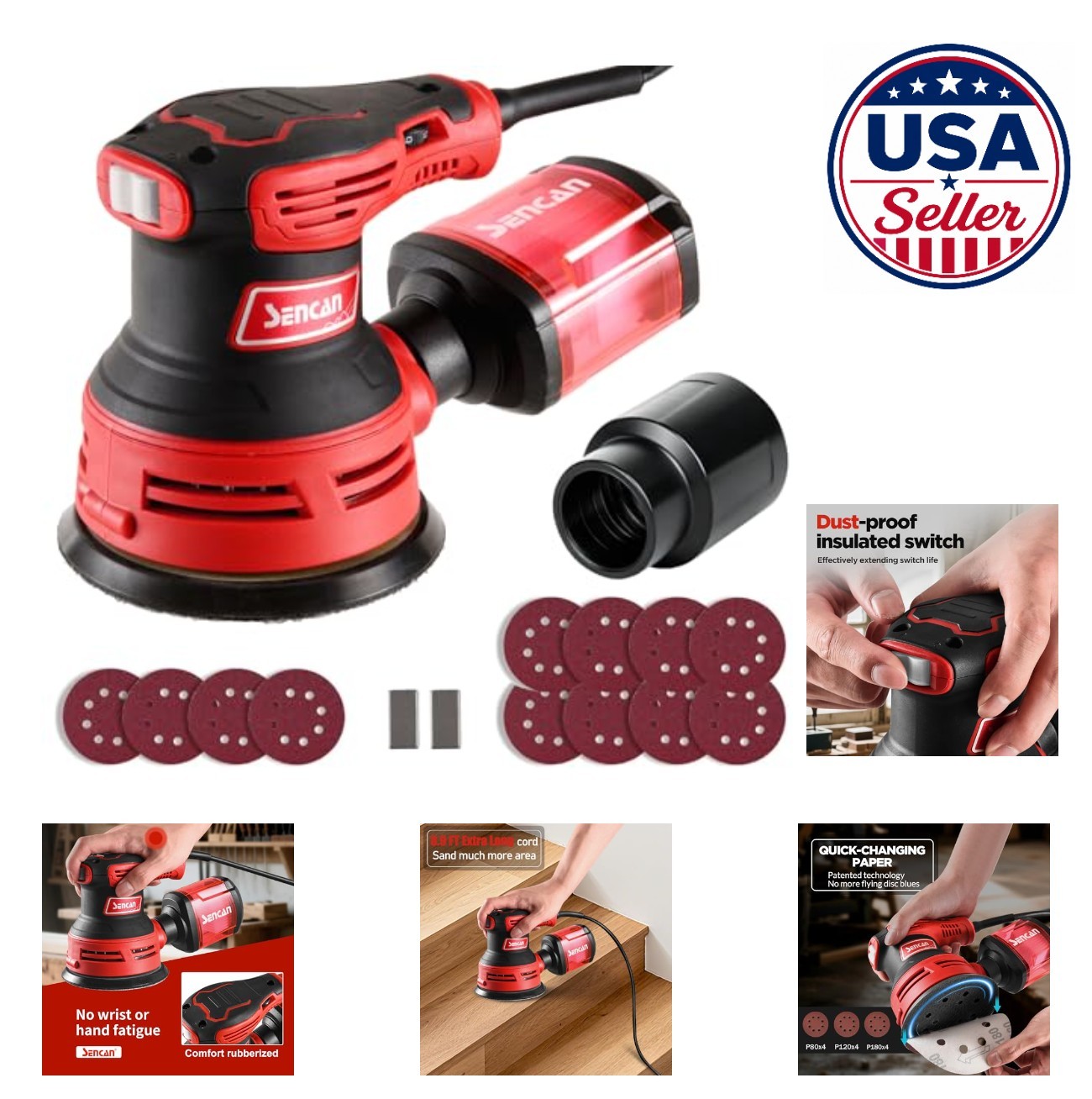 Random Orbital Sander 5 Inch 6 Variable Speeds 280W Corded Electric Palm Sander