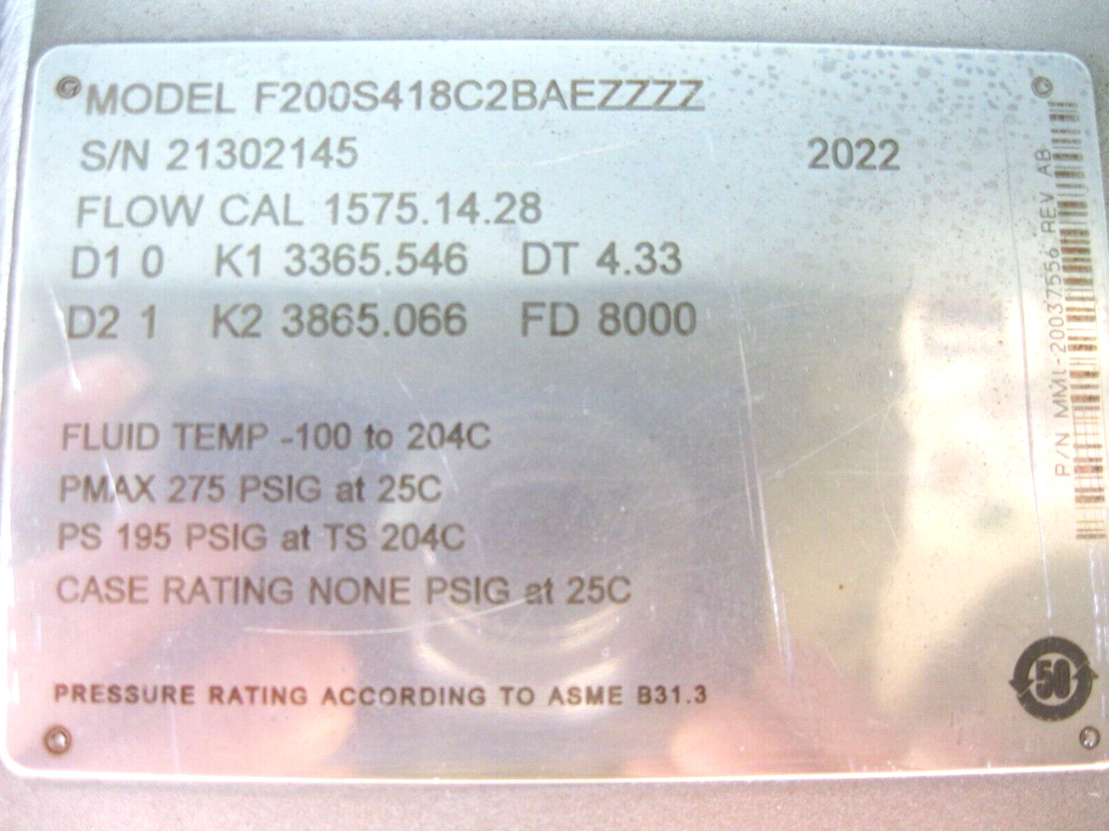 2" 150# Micro Motion F200 Flow Sensor 800 Enhanced Core Processor 2022 CAL D14