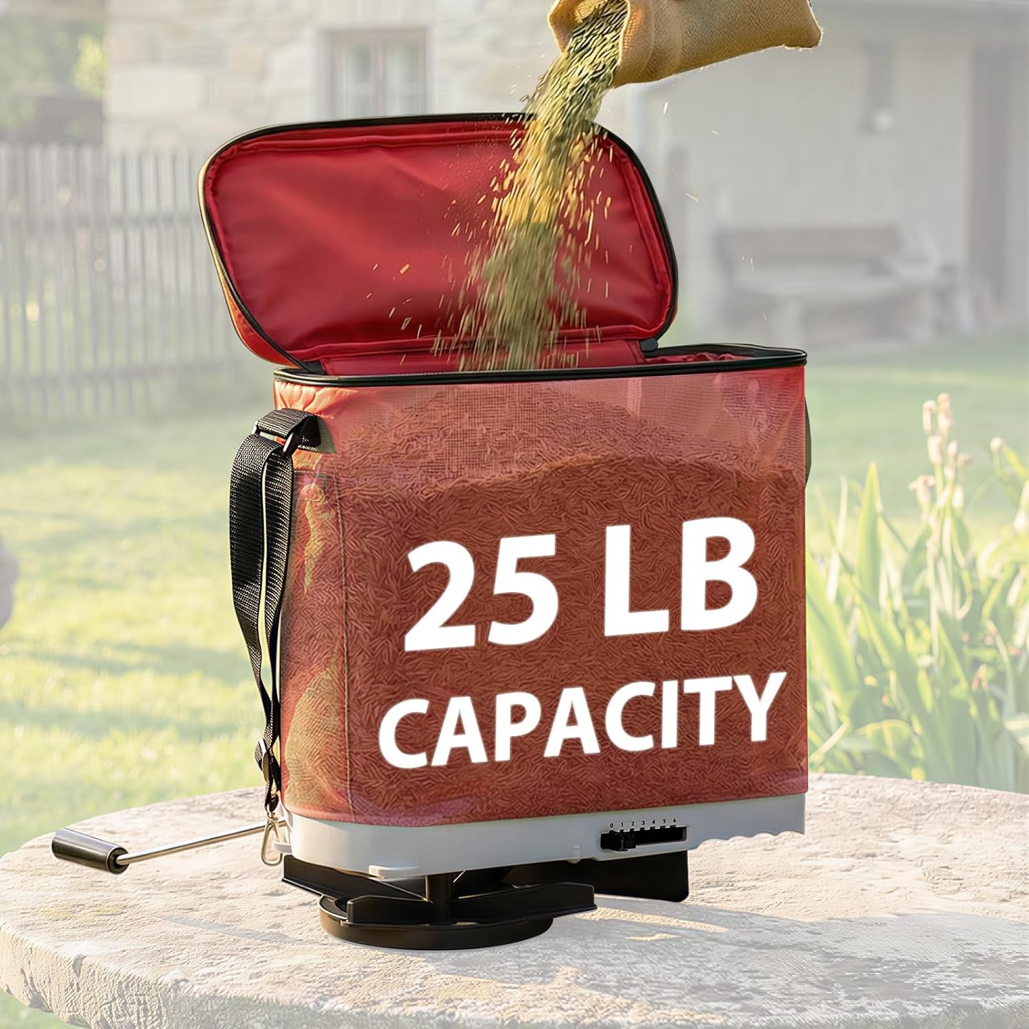 25LB Bag Seed Spreader for Lawn, Adjustable Handheld Fertilizer Spreader with Sh
