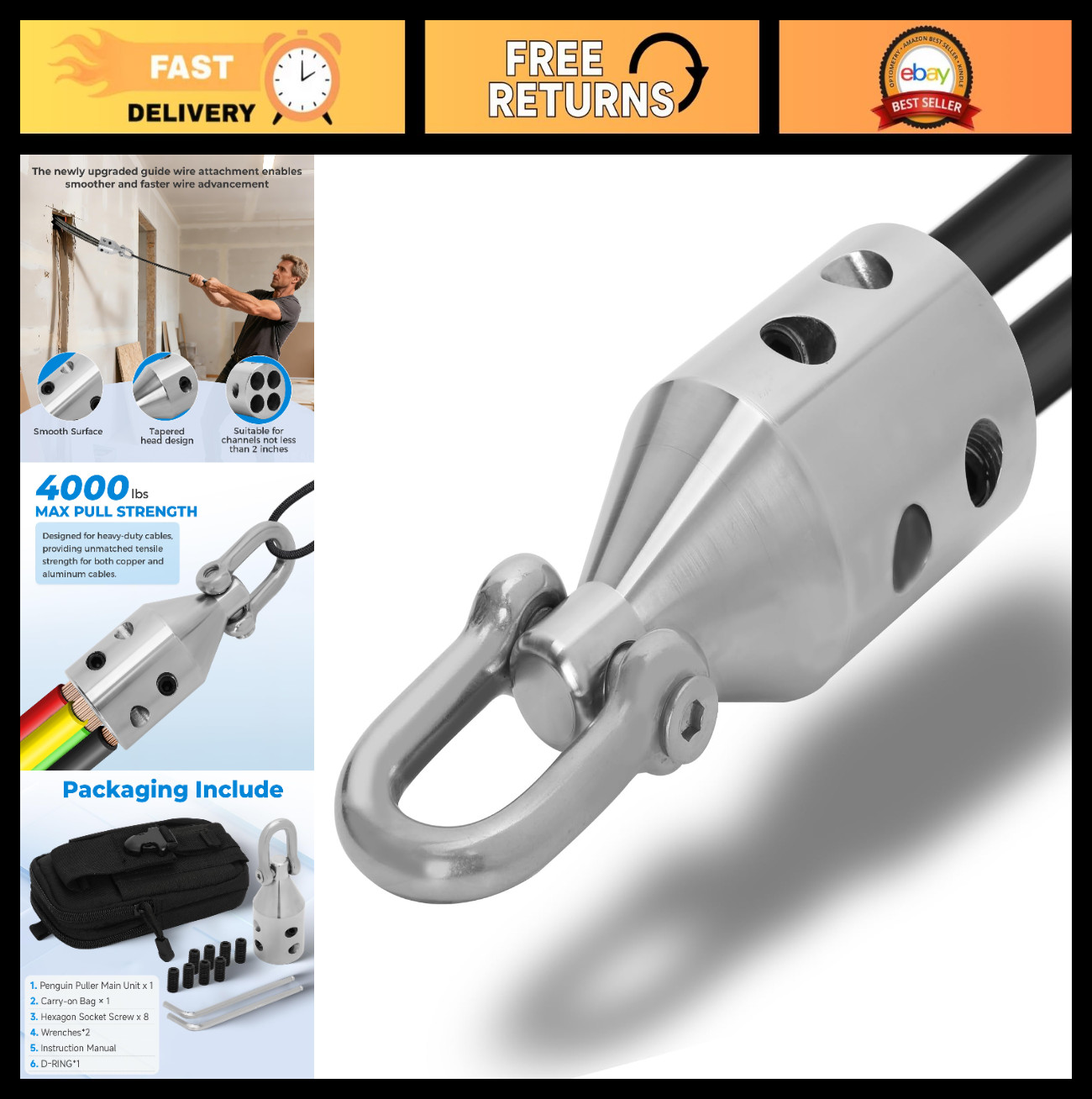 Heavy Duty Wire Pulling Tool, 4000 lbs Capacity, Electrical Cable Puller, 2/0-4/