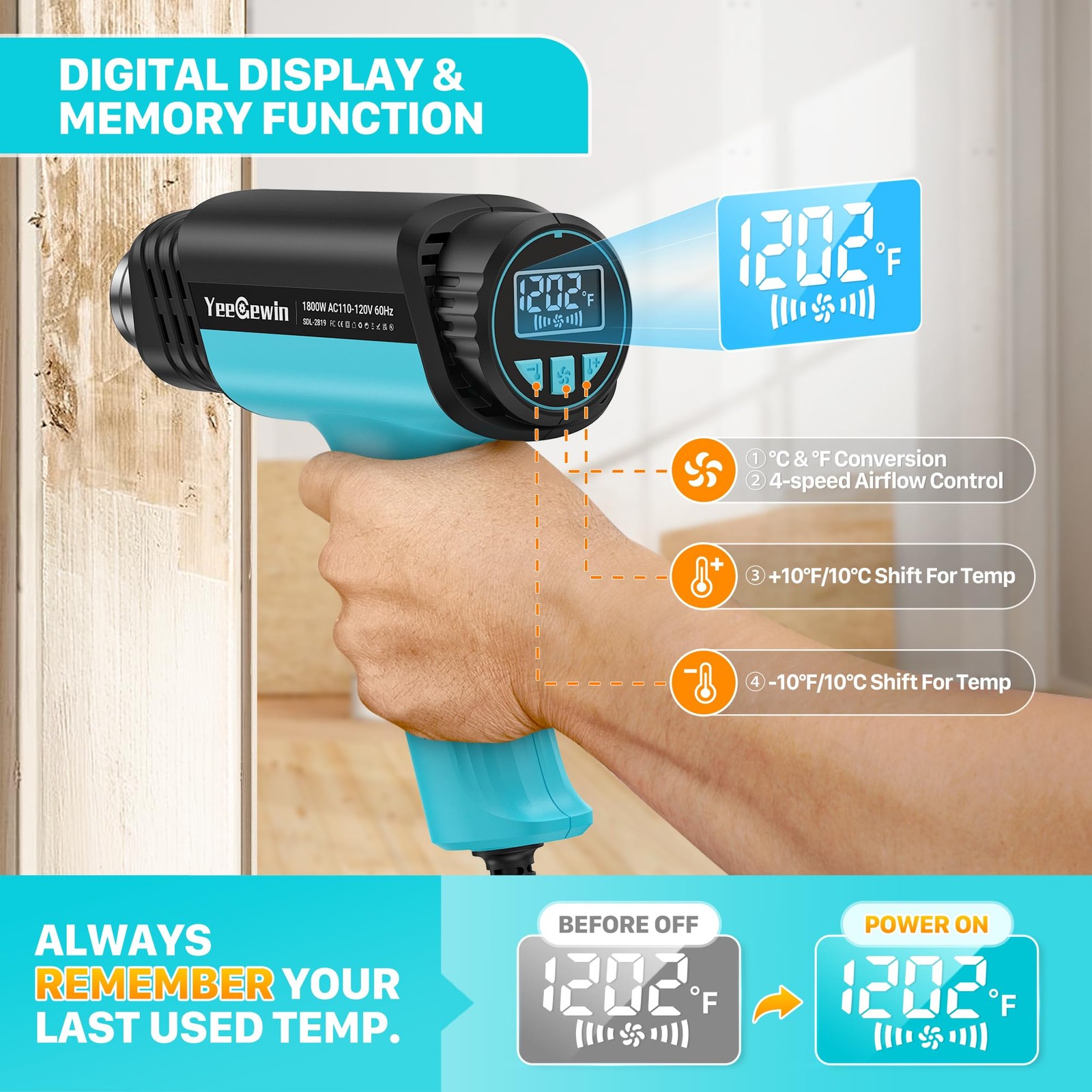 1800W Heat Compact Design Hot with LCD Display Variable Temperature Control 1...