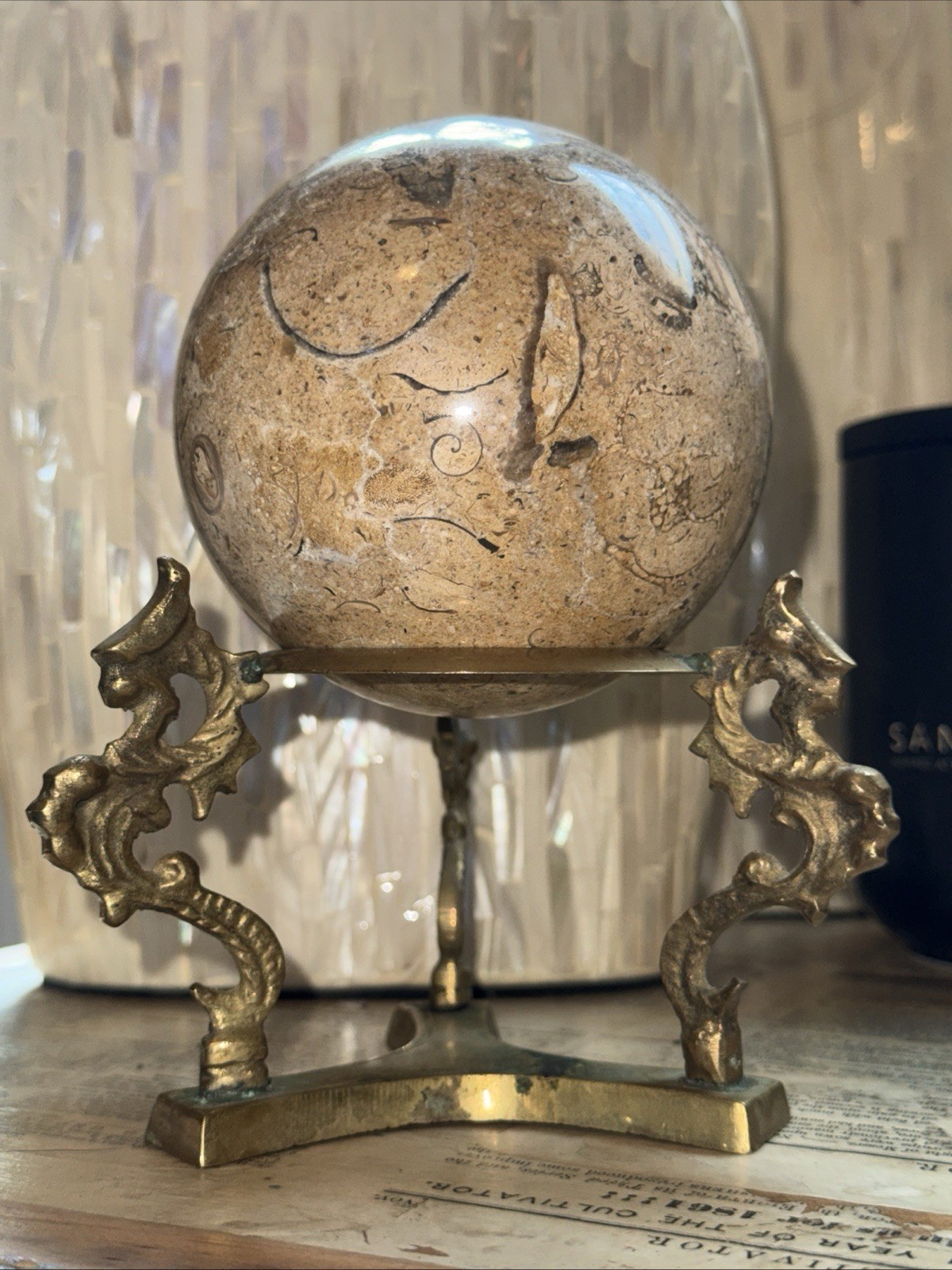 VTG polished marble sphere, amber Glass Dragon Brass Tripod Stand Decorative Orb