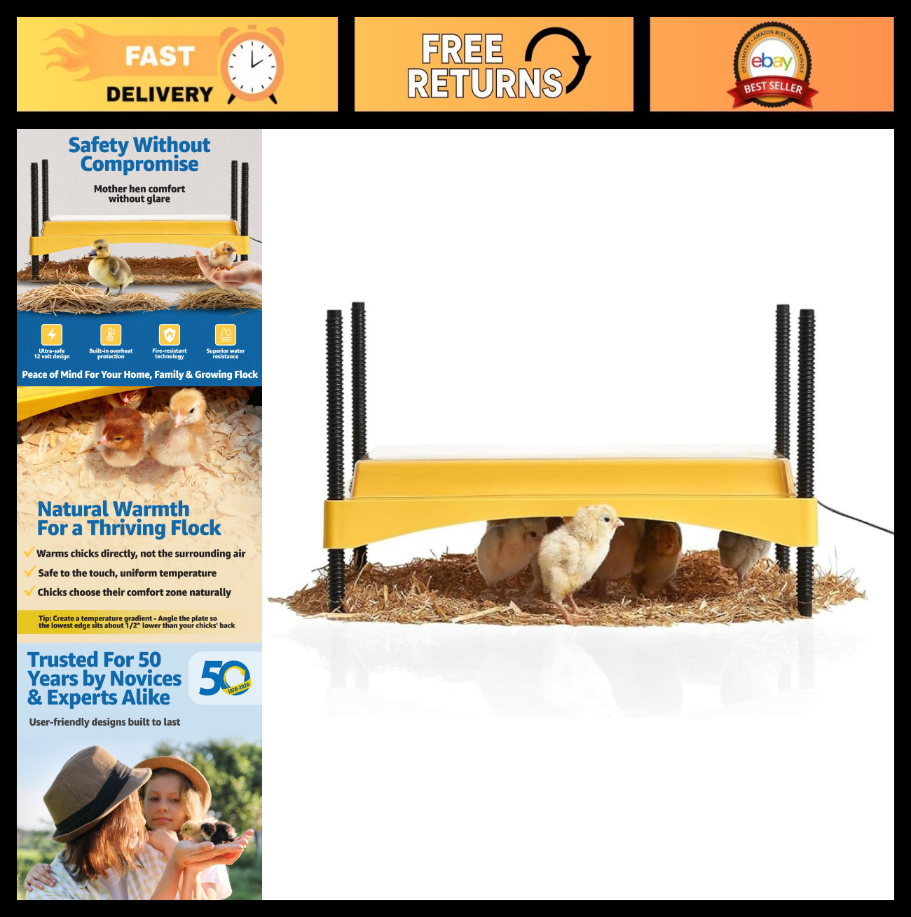 Chick & Duckling Brooder Plate - Height Adjustable 18W, Safe Low Voltage Heat, U