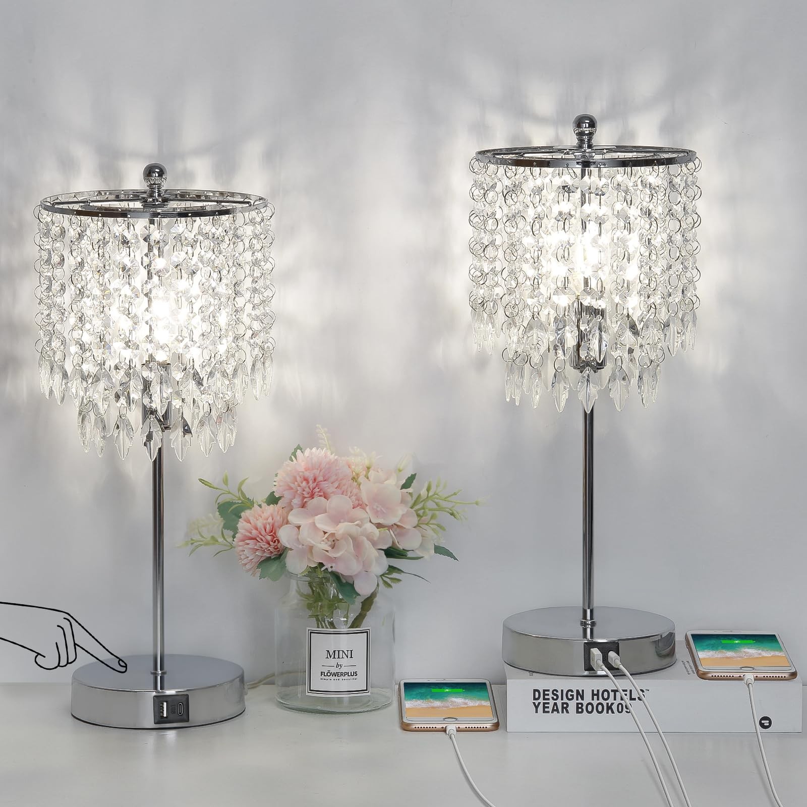 Crystal Table Lamps Set of 2 Touch Control Silver 4W LED Boncoo Ports Elegant