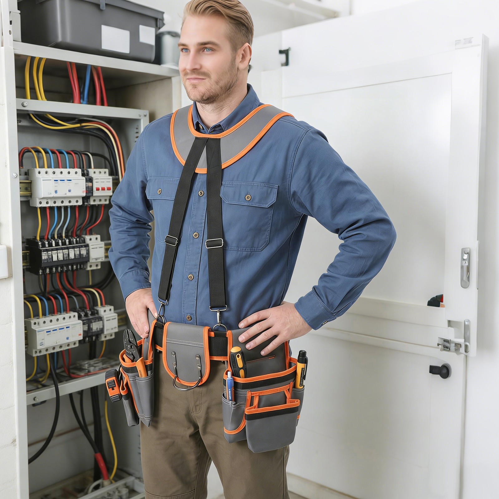 Heavy Duty Tool Belt Pouch with Suspenders, Multifunctional Electrician Tool Bag