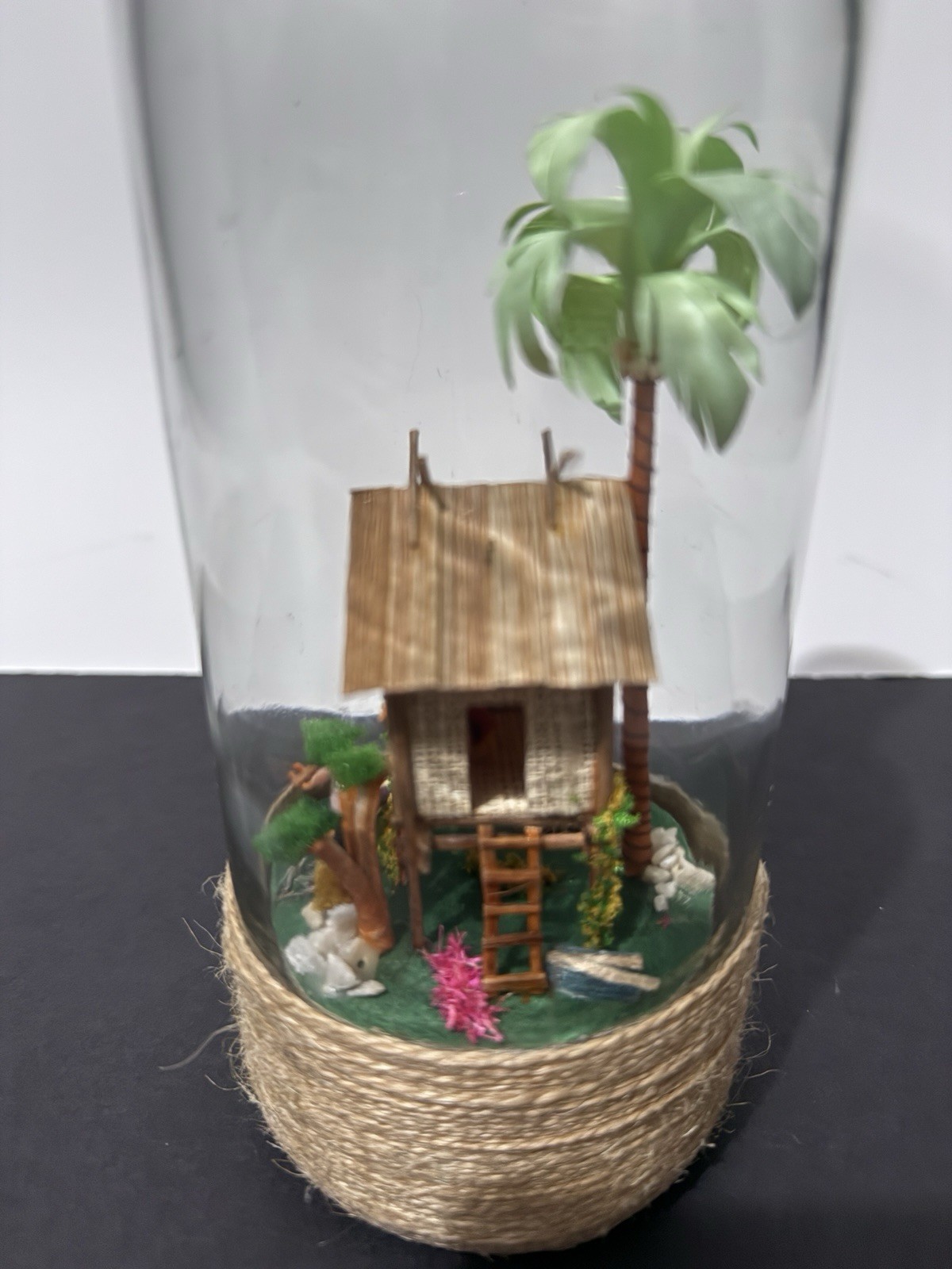 Vintage Handmade Philippines Diorama in Glass Bottle Detailed Tropical Hut Scene