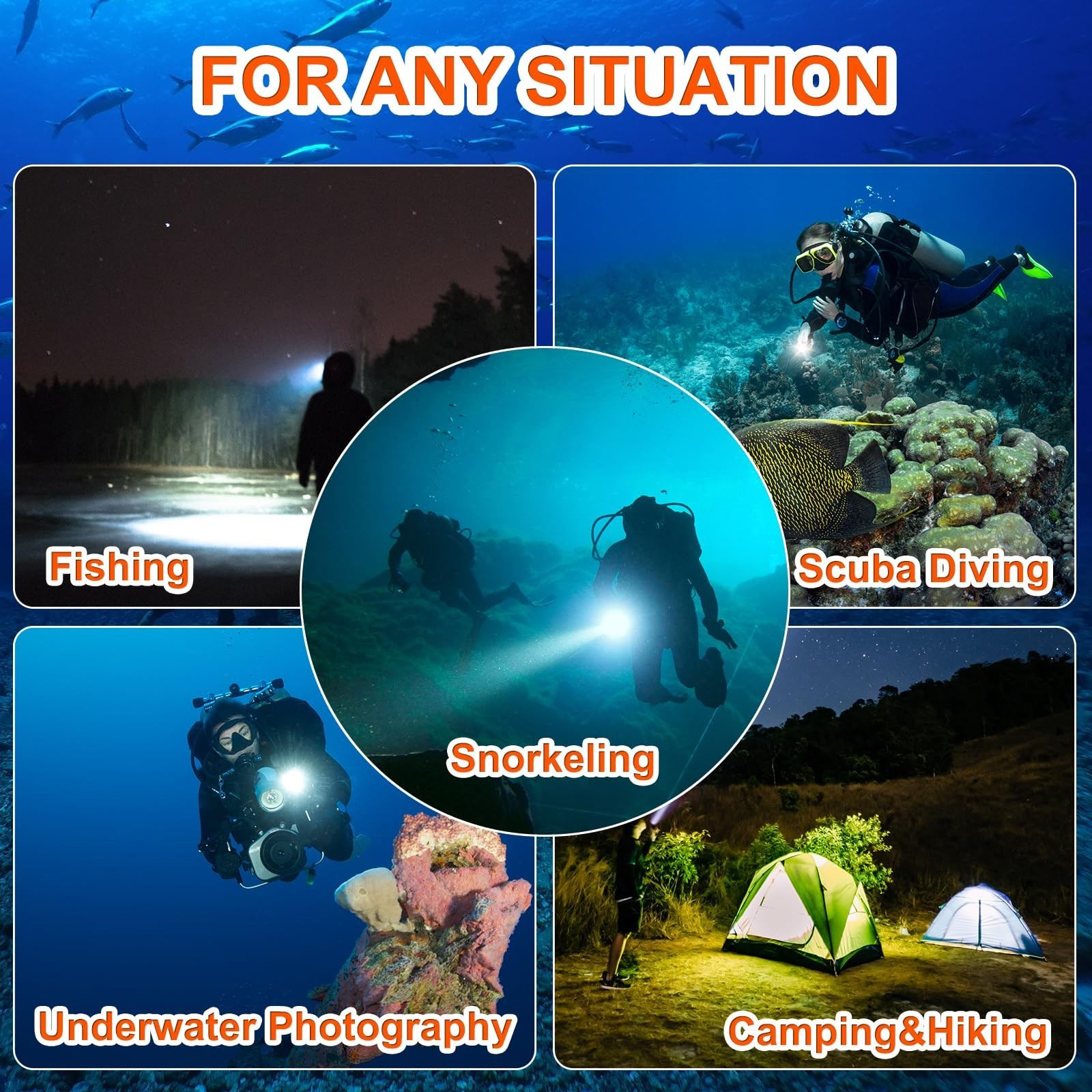 Super Bright 2000 Lumens Dive Light - 4 Modes, IP68 Waterproof, USB Rechargeable