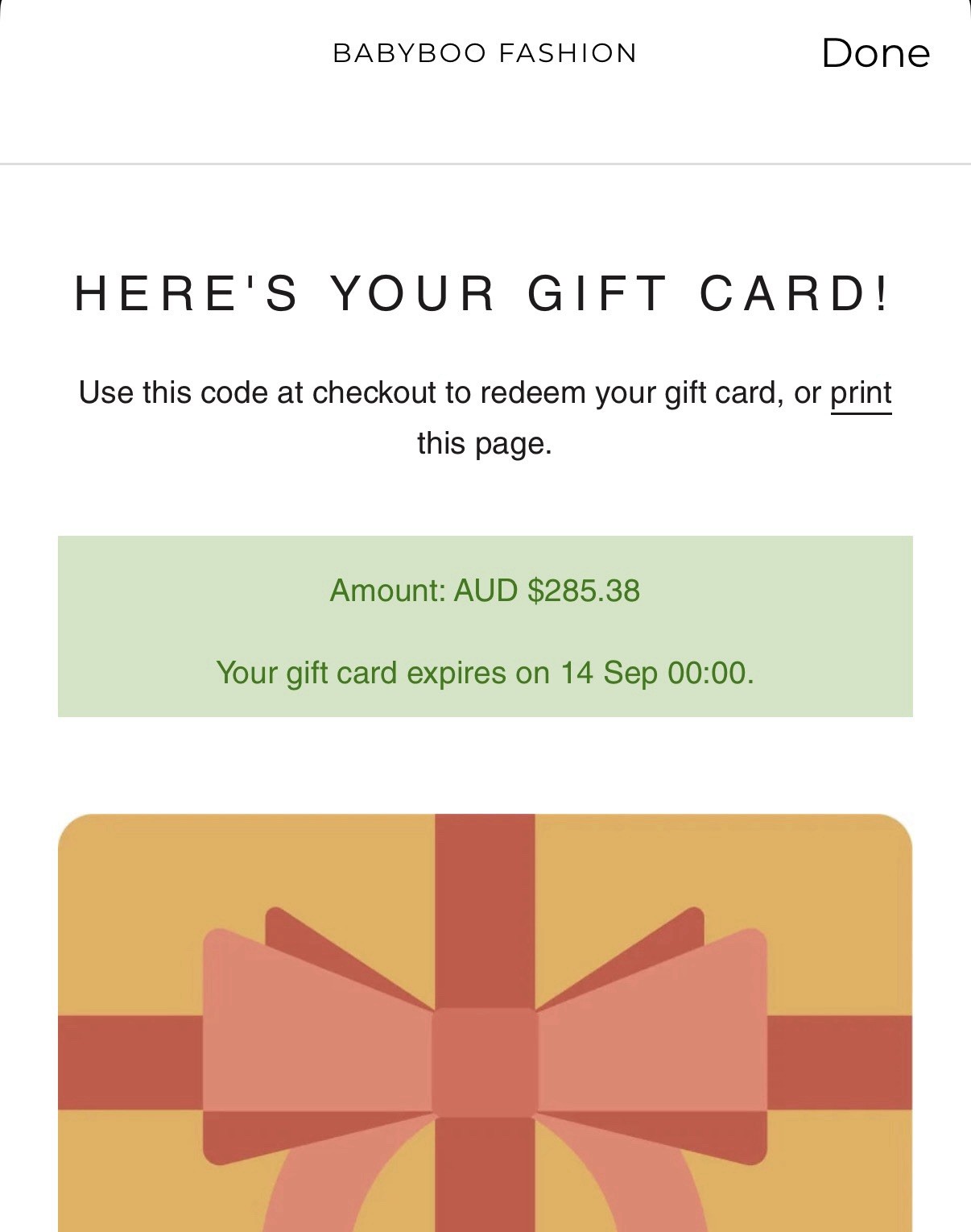 BABYBOO FASHION Gift Card AUD $285.38 Expiring September 2026