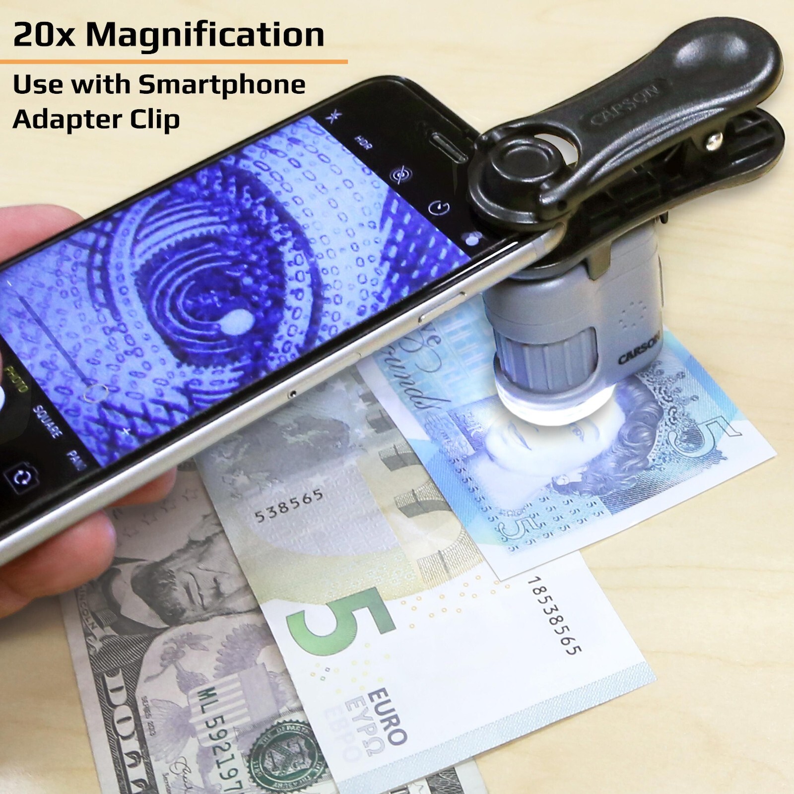 Carson MM380 MicroMini 20x LED/UV Lighted Pocket Microscope w/Smartphone Adapter