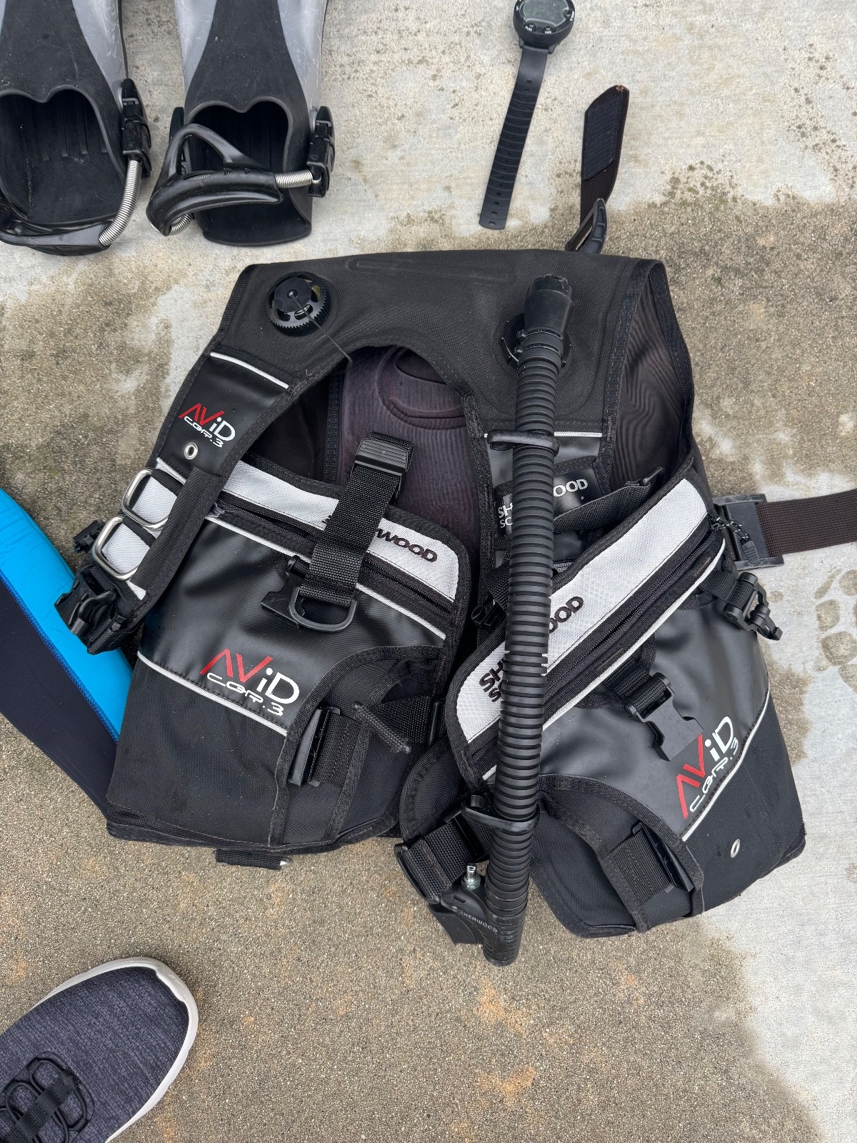 scuba diving equipment set. BCDs and wetsuit