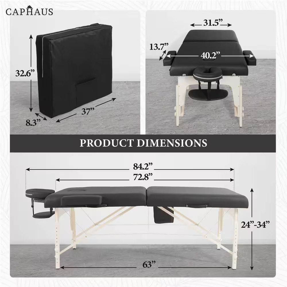 84 In. Black Premium Memory Foam Massage Table with Foldable Legs