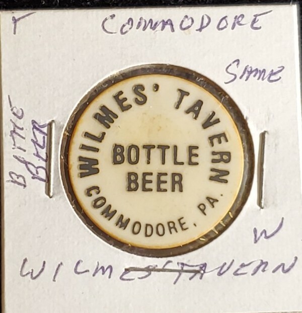 Wilmes' Tavern, Commodore PA good for bottle beer in trade token gft1723