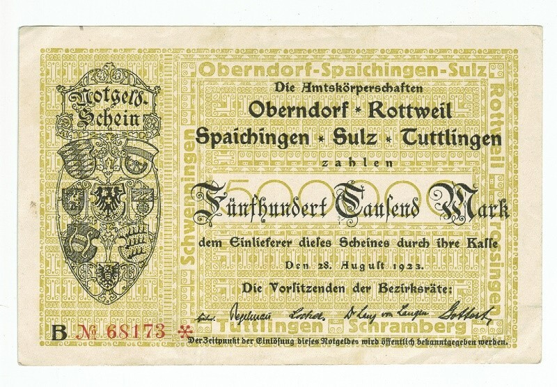 GERMANY BANKNOTE 500000 MARK OBERNDORF,ROTTWEIL,SPAICHINGEN,SULZ,TUTTLINGEN 1923