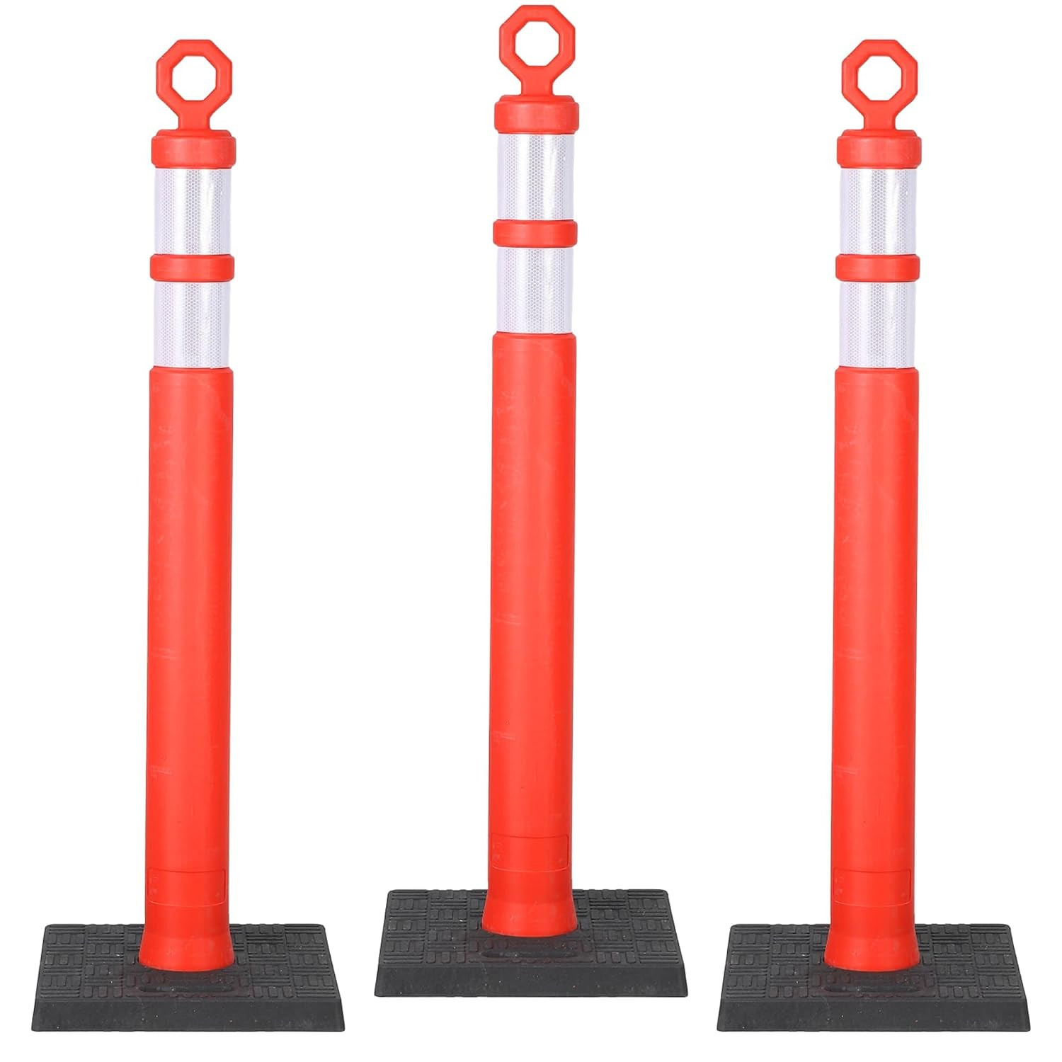 3 Pack 42 Inch Orange Traffic Delineator Posts, Heavy-Duty Safety Posts with 360