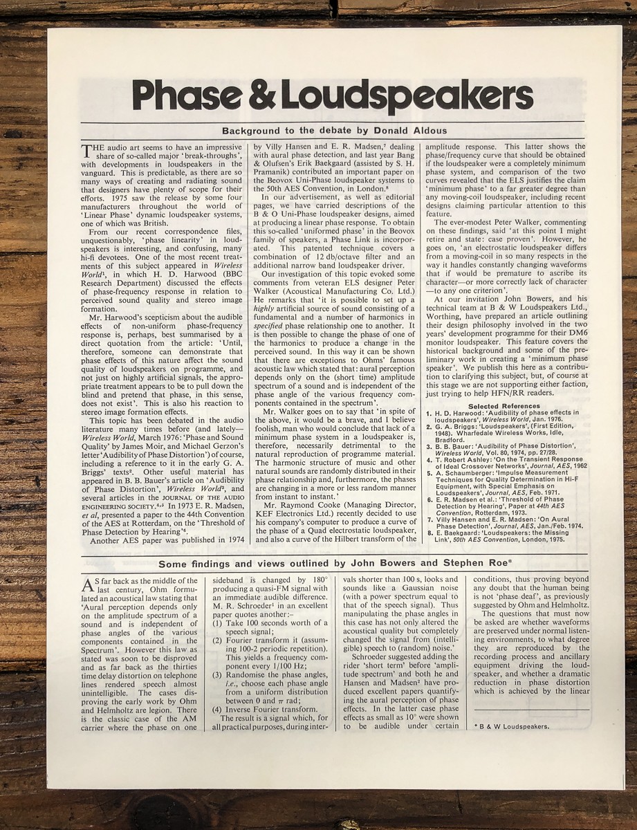 B&W  Phase & Loudspeakers Debate by Donald Aldous Dealer Brochure *Original*