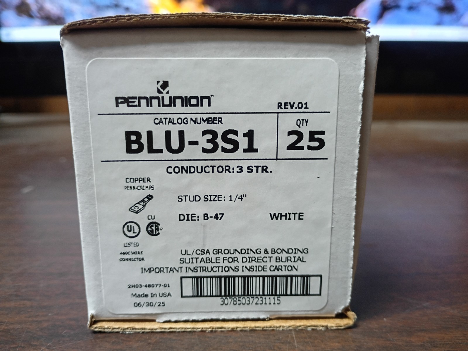 PENN-UNION BLU-3S1 1-HOLE CRIMP LUG 3 AWG STRANDED NEW BOX OF 25 EACH