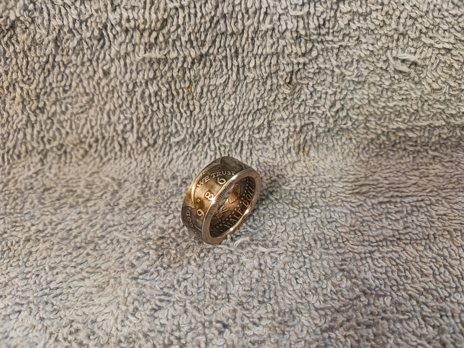 1986 Kennedy Half Dollars  size 9  coin ring  Handmade mixed metals