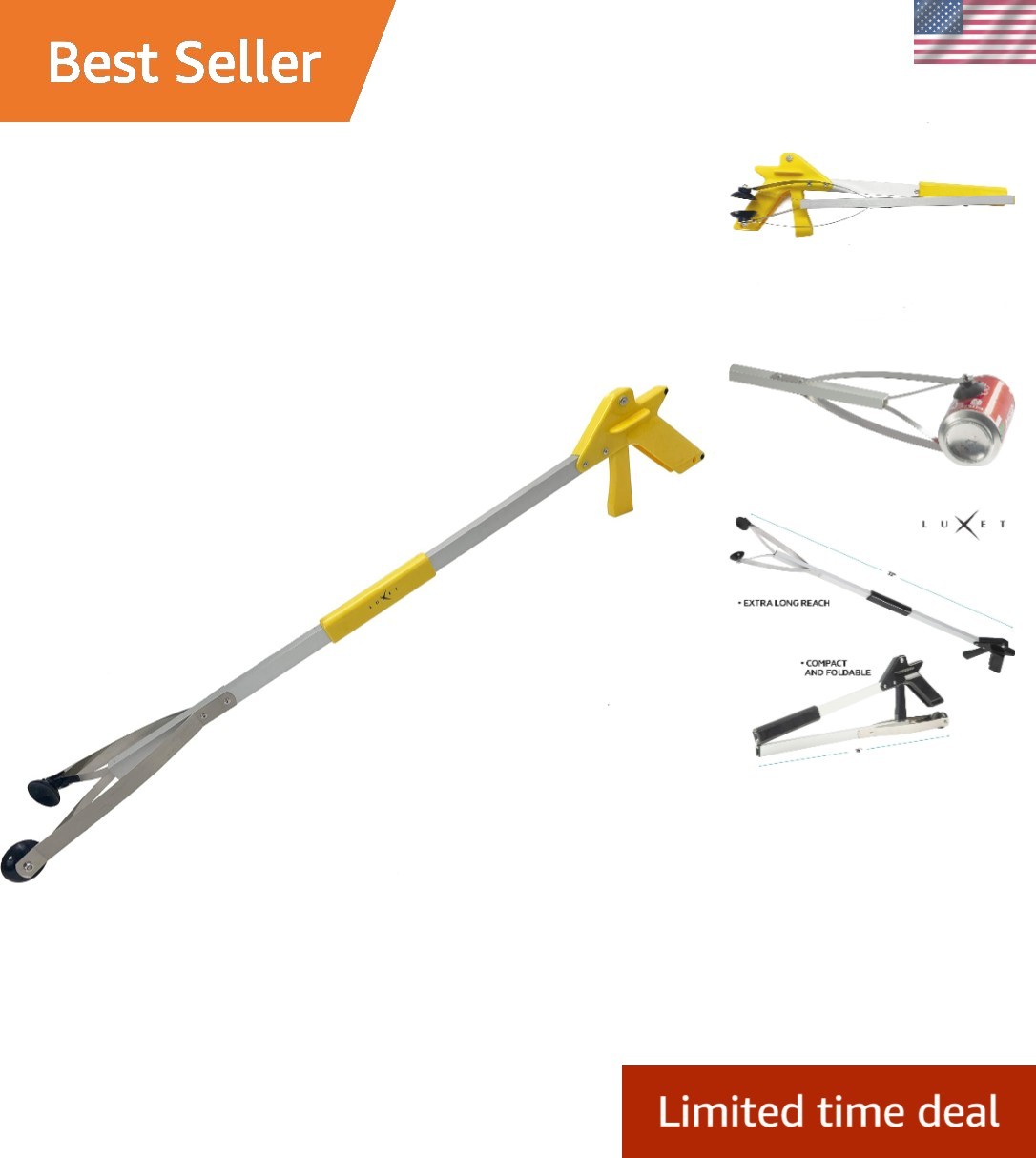 Grabber Tool 32" Suction Cup Grip Heavy Duty Aluminum Claw, Lightweight Folda...