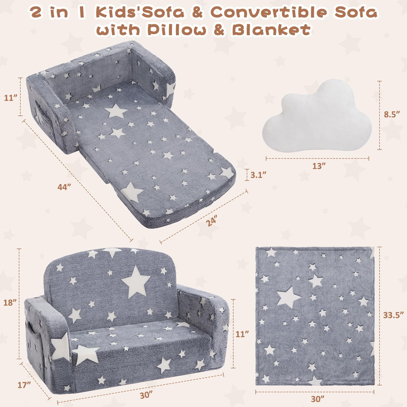 Foryoomi Extra Wide Kids Couch, 2-in-1 Soft Couch with Blanket, Glow in The D...