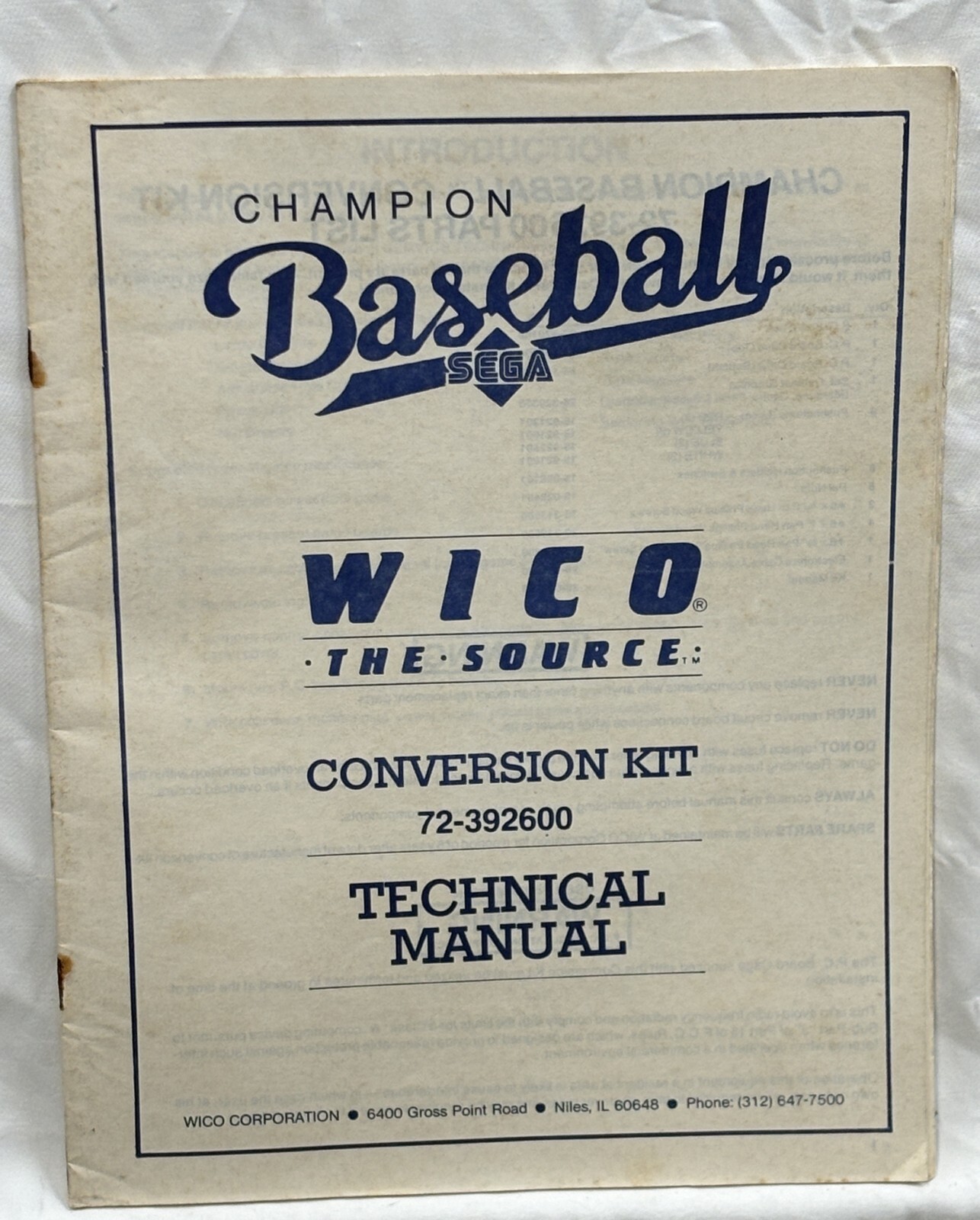 ORIGINAL-WICO-CHAMPION BASEBALL-CONVERSION KIT TECHNICAL MANUAL