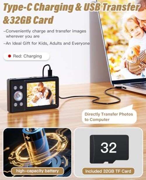 2025 New Digital Camera, 56MP FHD 1080P for Kids with 16x Digital Zoom Black