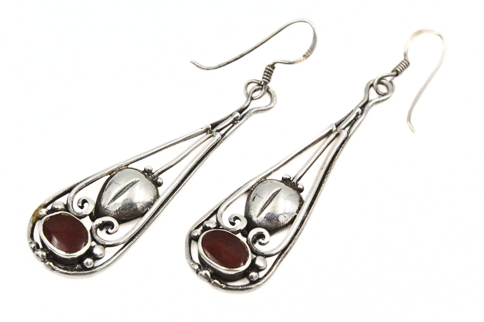 Graceful Signed Sterling Silver Cut Out Swirl Garnet Dangle Drop Earrings
