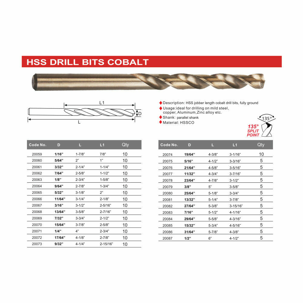 Drillforce 10PCS 1/2" Cobalt Drill Bit Set HSS M35 Metal Bits 3/8" Reduced Shank