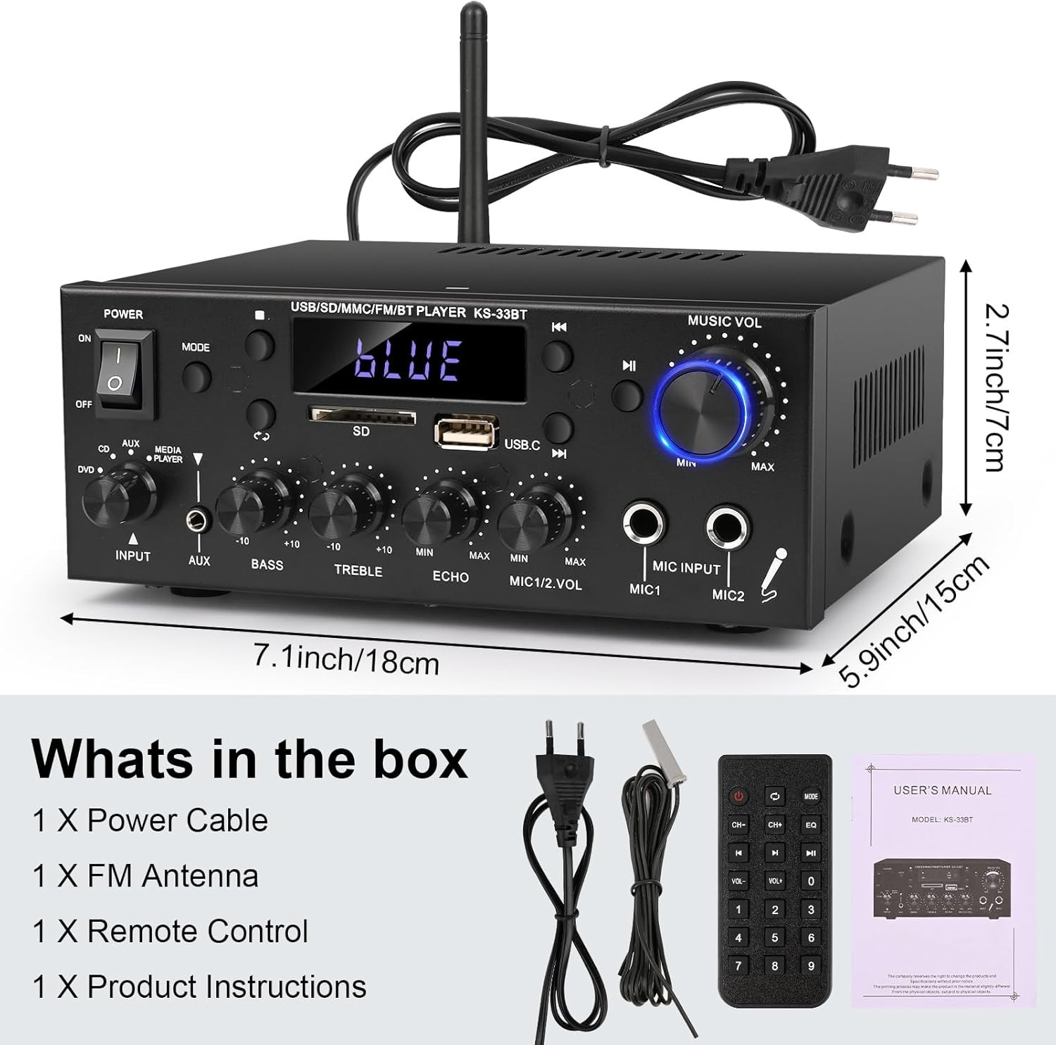 Compact 500W Audio Amplifier with Bluetooth