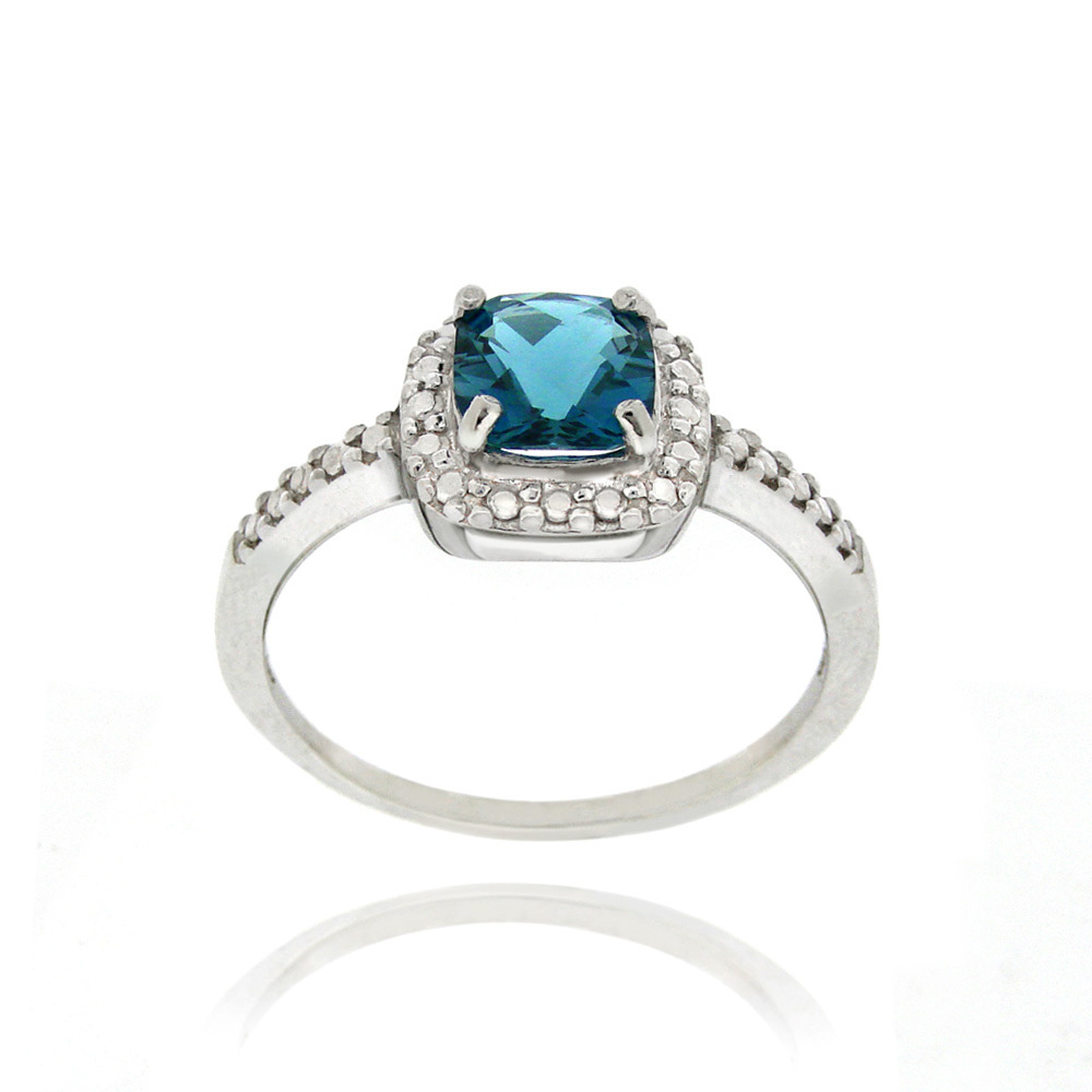 925 Silver London Blue Topaz & Diamond Accent Square Ring