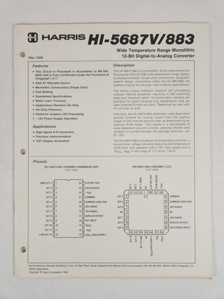 Harris Guide HI-5687V/883 Wide Temperature Range Monolithic 12-Bit Digital-to-..