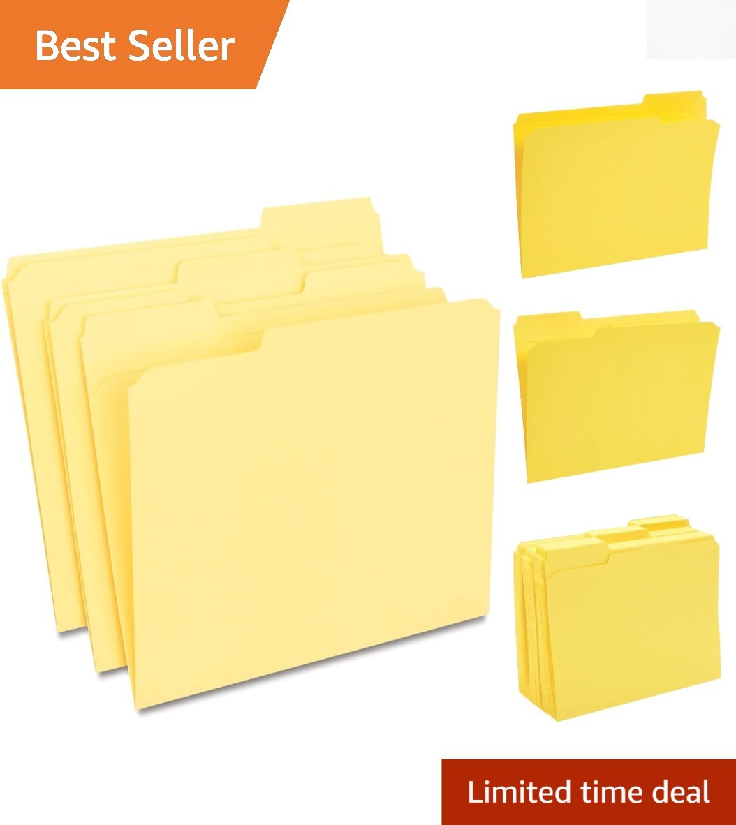 Reinforced Yellow File Folders, Heavy-Duty, 3-Tab, 100 Pack for Organized Files