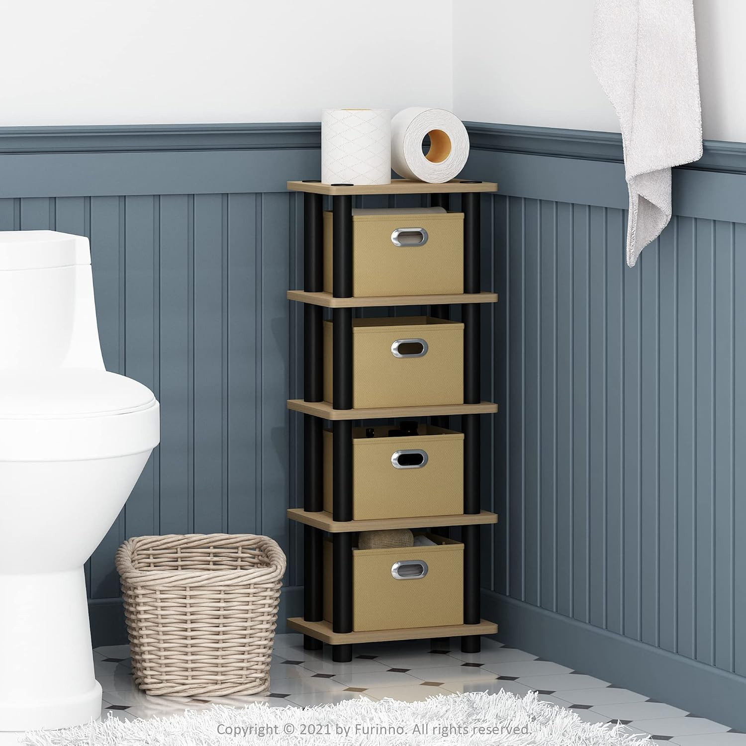 Laci 4-Bins System Rack, Oak/Black/Light Brown