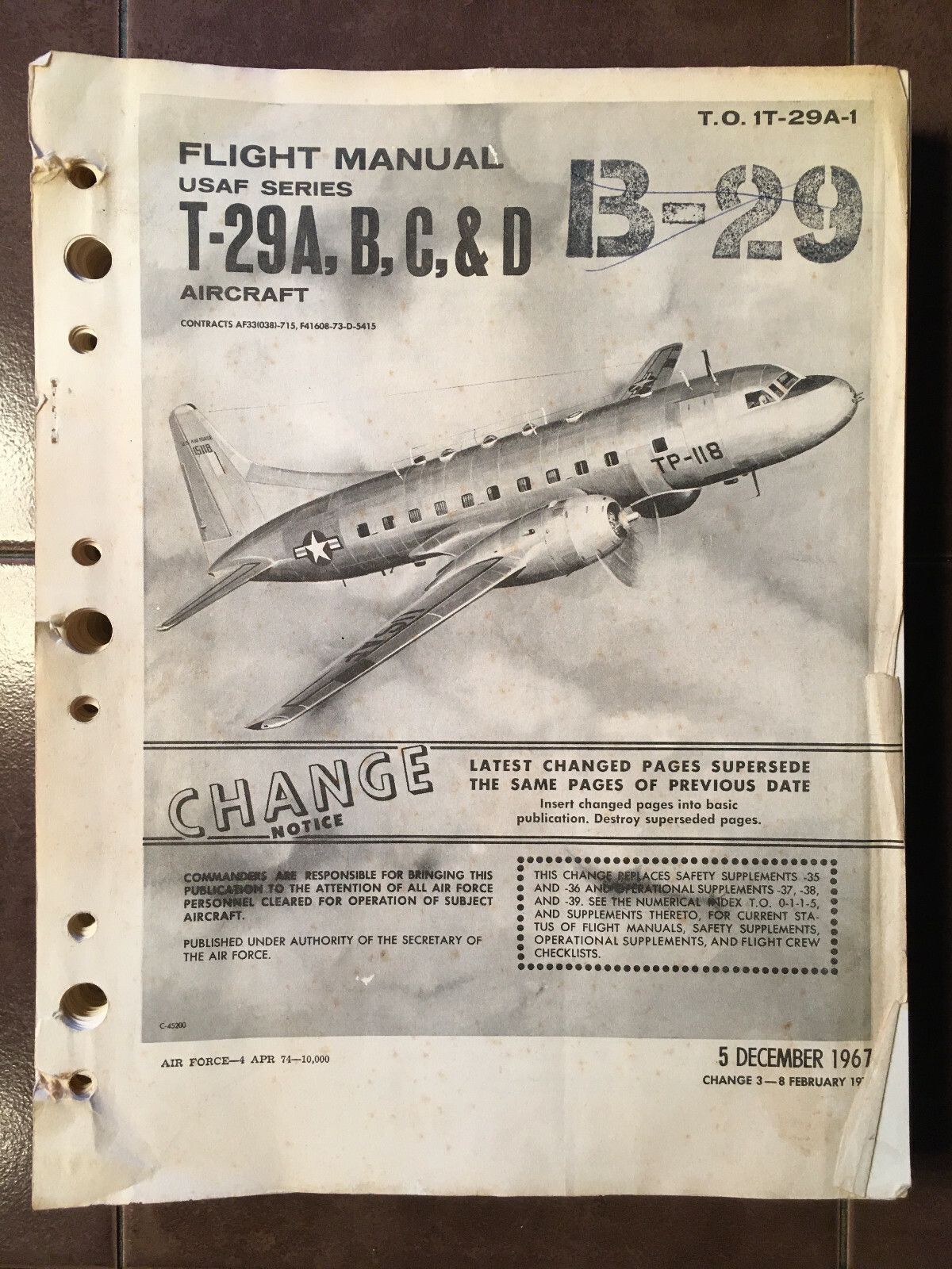 Original T-29A T-29B T-29C & T-29D Flying Classroom Flight Manual
