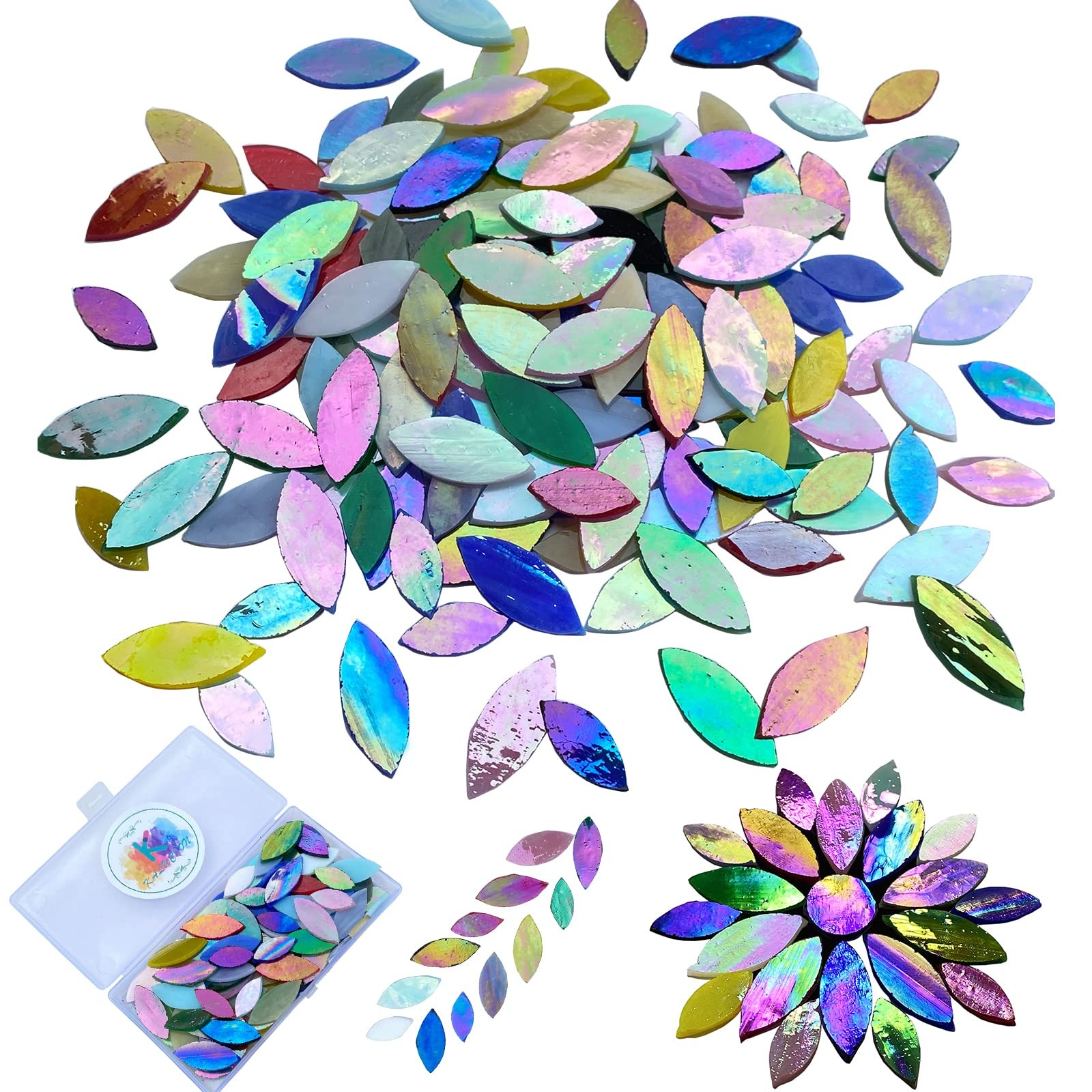 120 Pcs Iridescent Mosaic Tiles, Hand Cut Stained Glass Petals, Floral Mosaic...