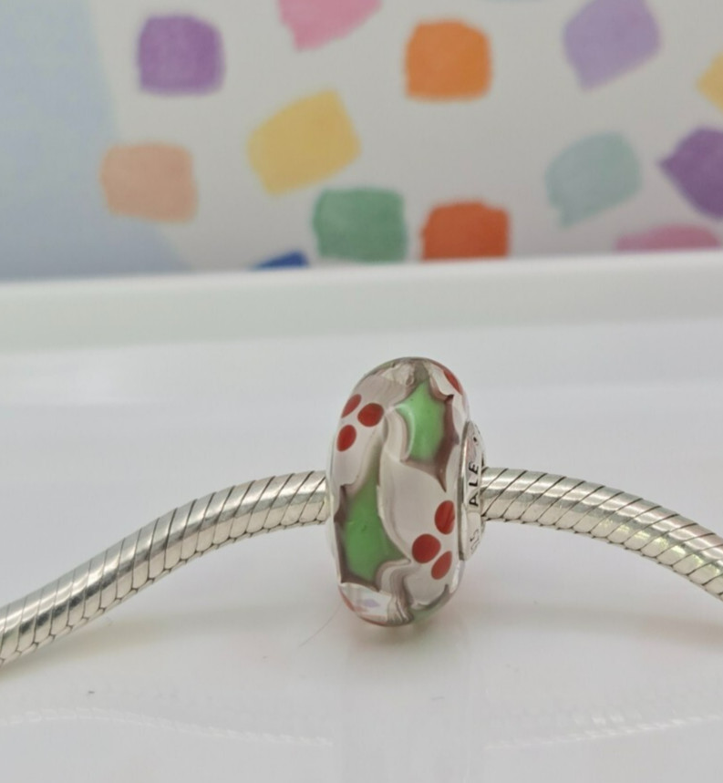 Authentic Pandora Holly Christmas Murano Glass  silver moment   Charm