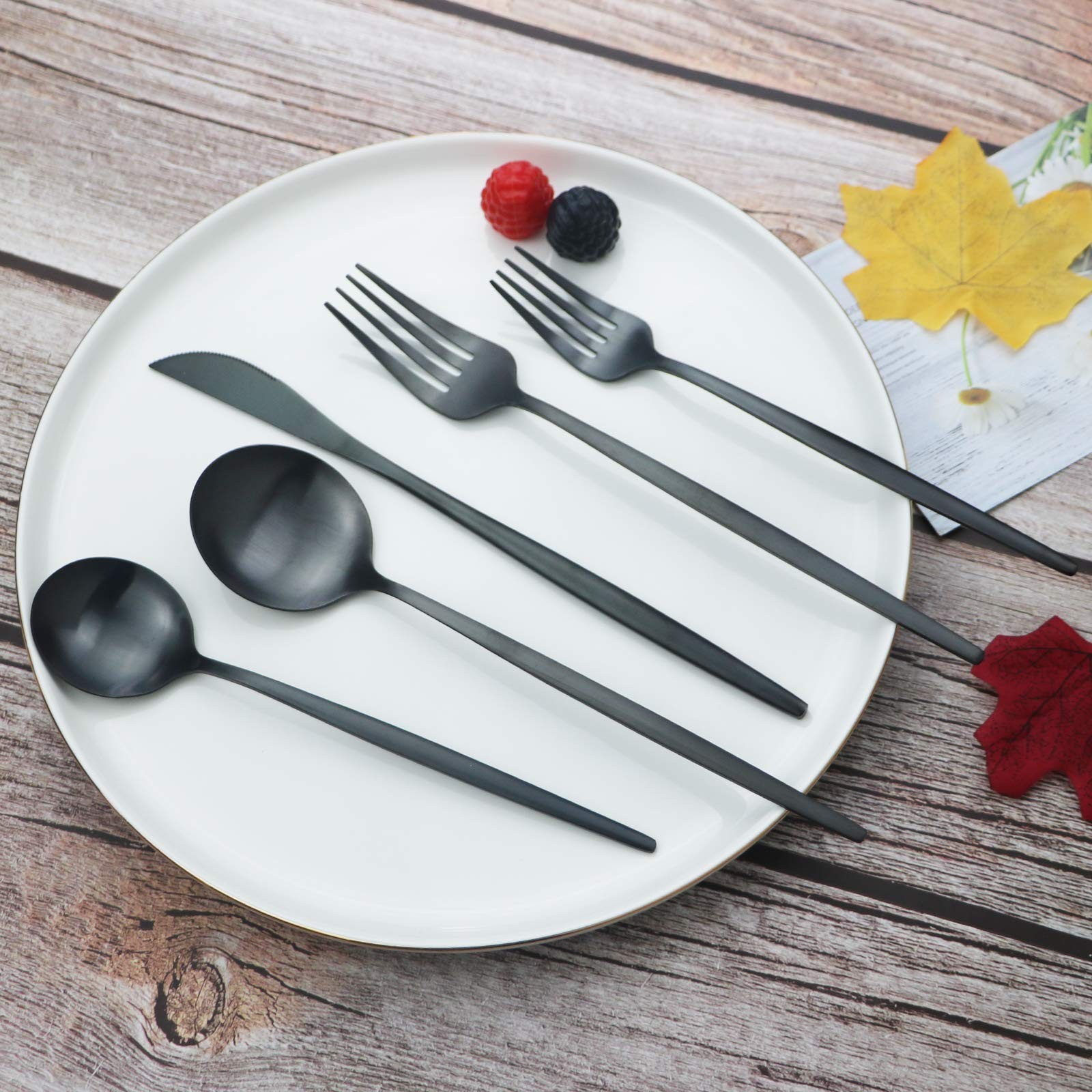 Black Silverware Set 40 Pieces Flatware Set 304 Stainless Steel Flat Cutlery ...