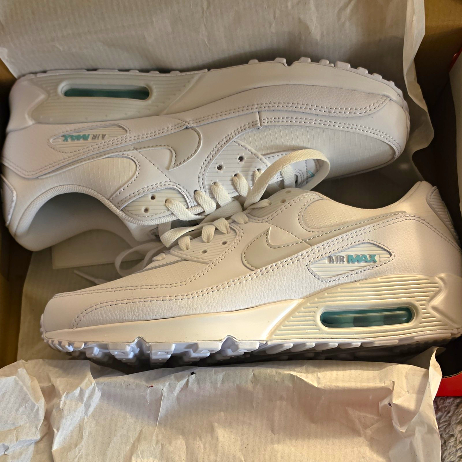 Nike Air Max 90 White/Photon Dust-Hyper Turq Cushioned IB7680-101 Men's