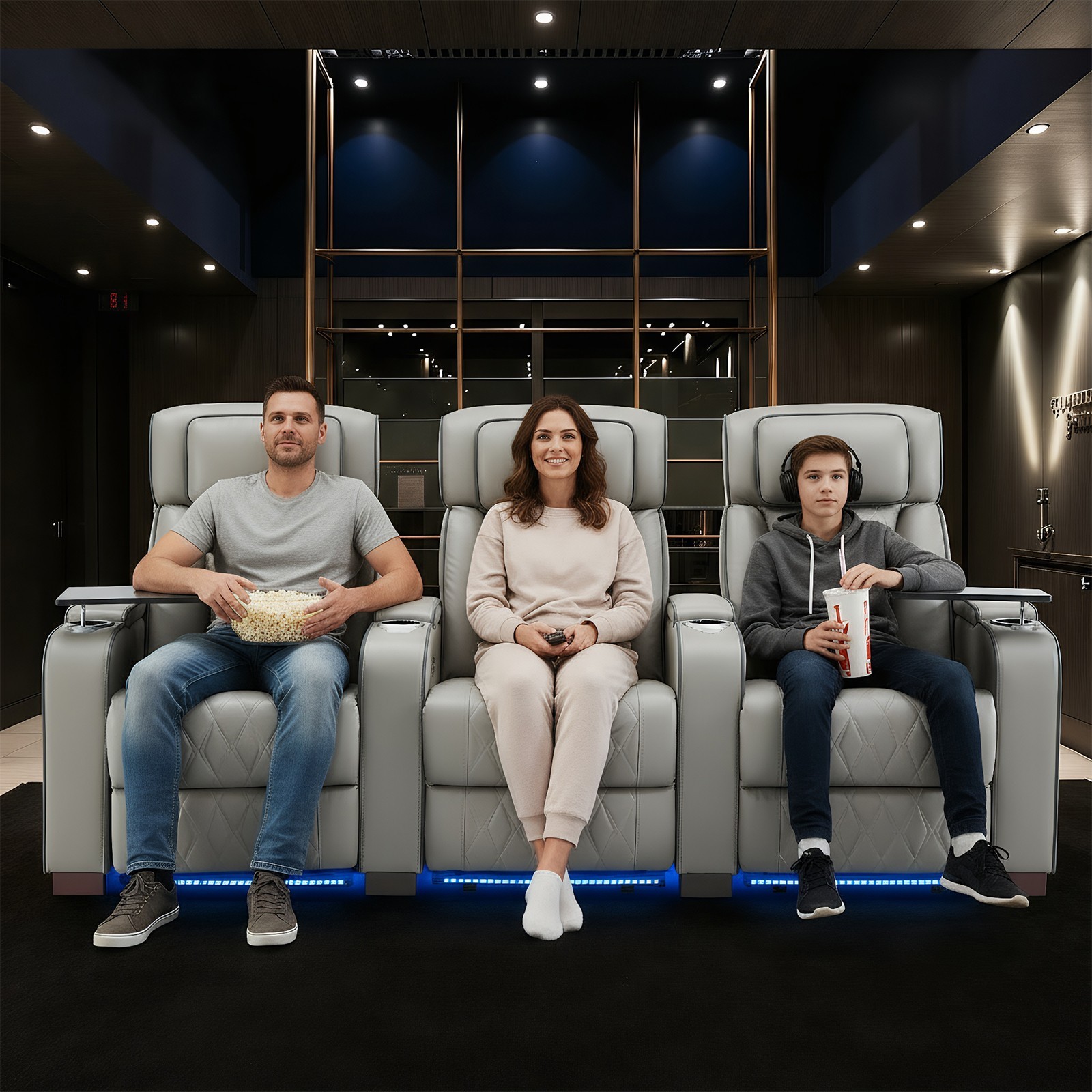 Home Theater Seating Power Recline Sofa With Powered Headrests, Table