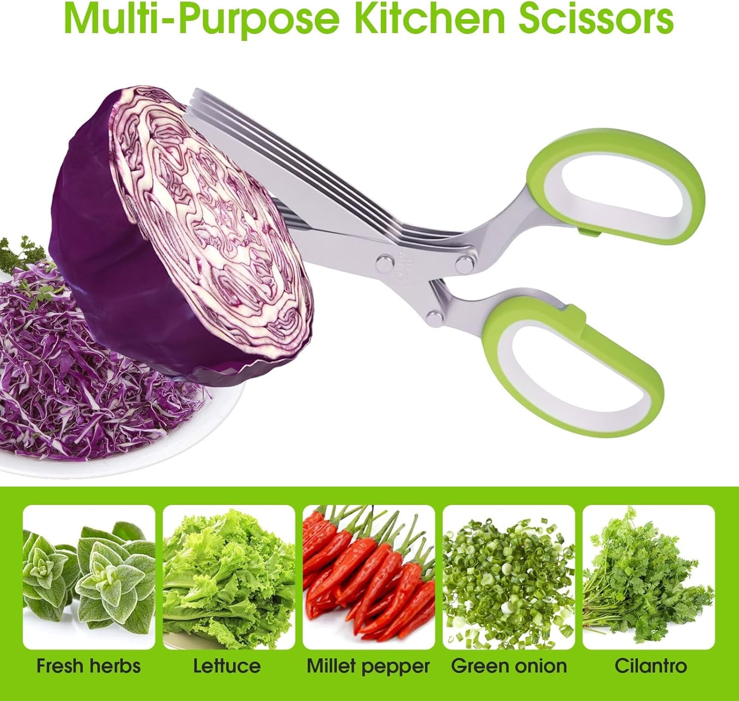 Herb Scissors 5 Blade Kitchen Shears with Cover Dishwasher Safe Green