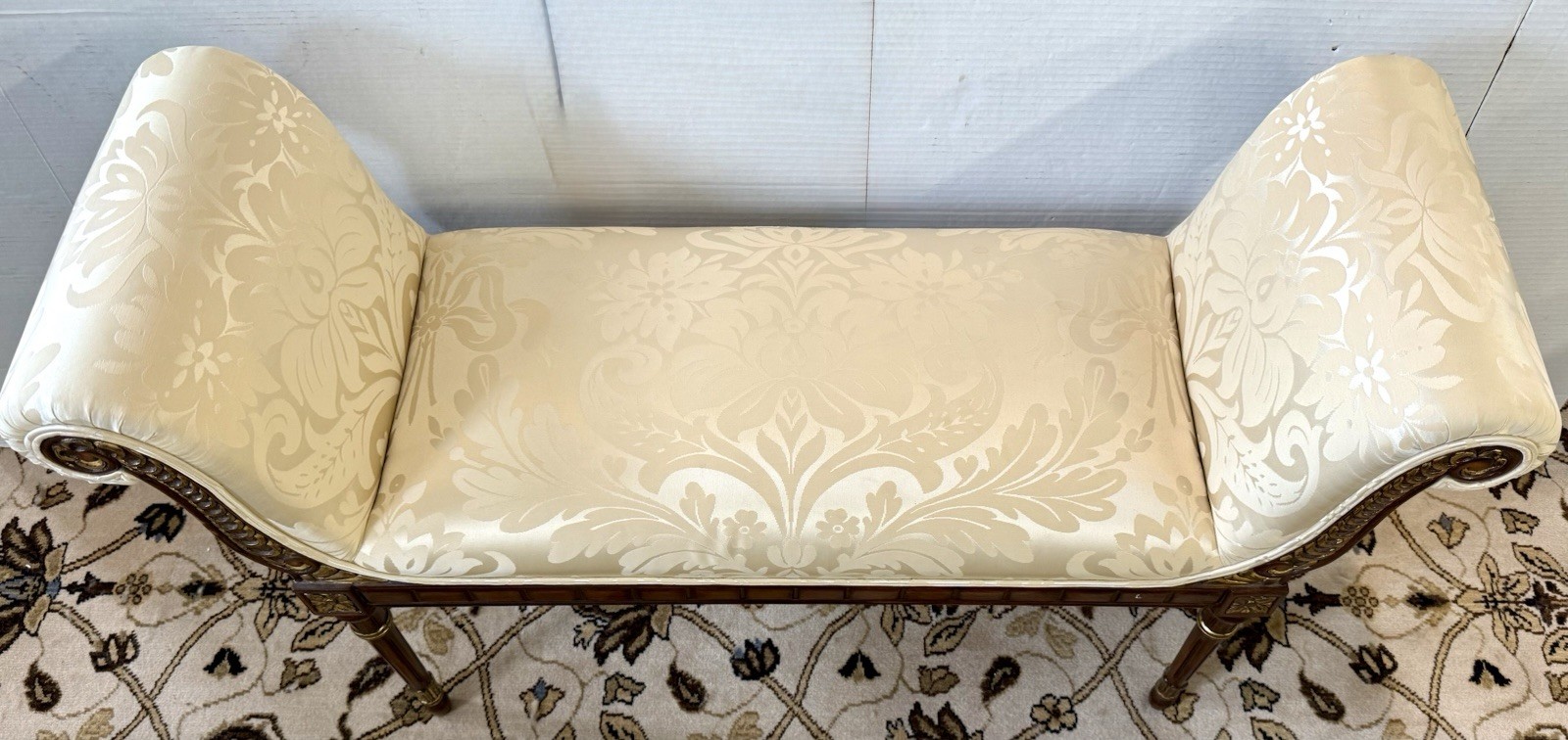Magnificent Neoclassical Carved Mahogany and Gilt Scroll Arm Window Bench Seat