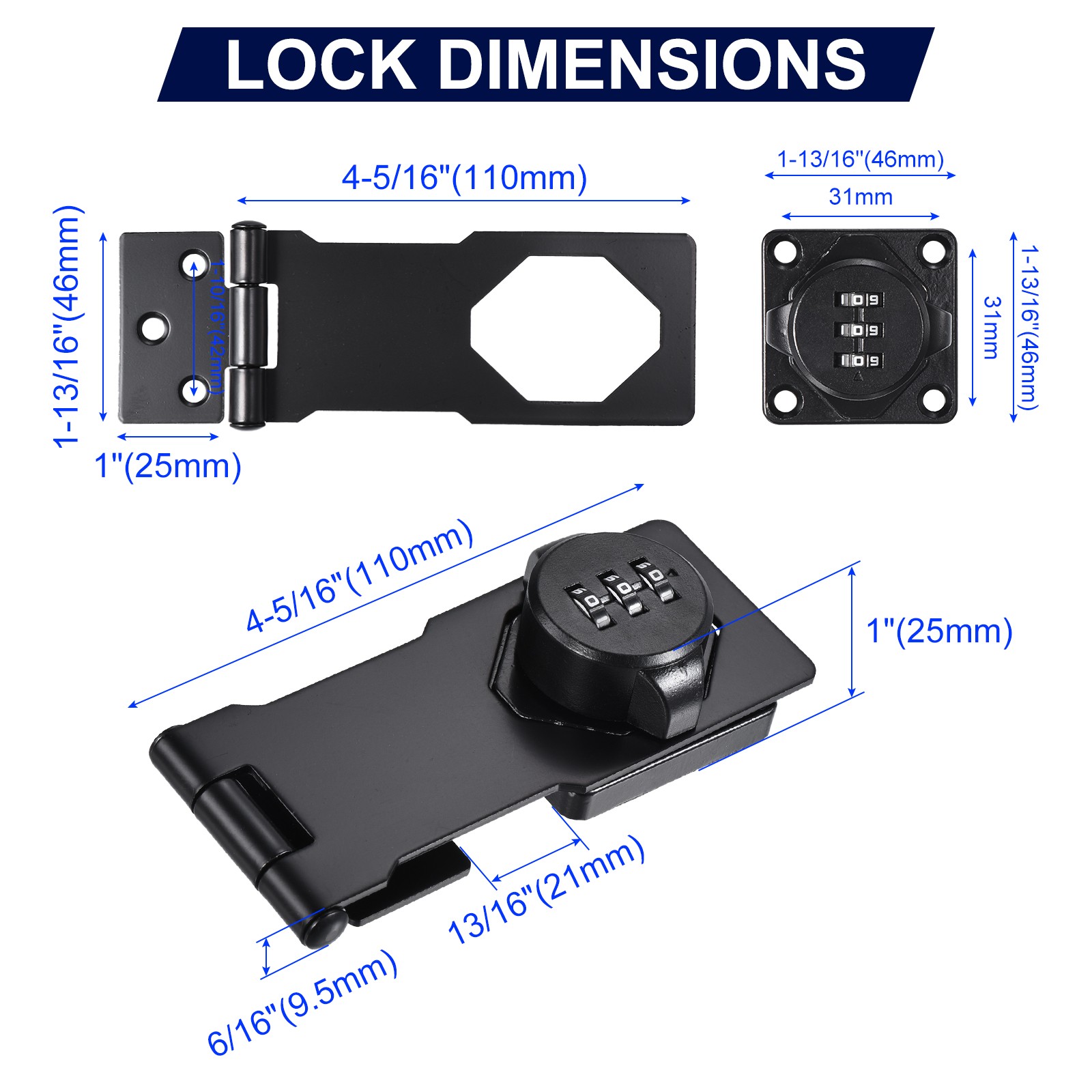 Cabinet Password Rotary Hasp Locks Door Security Combination Latch Lock Black