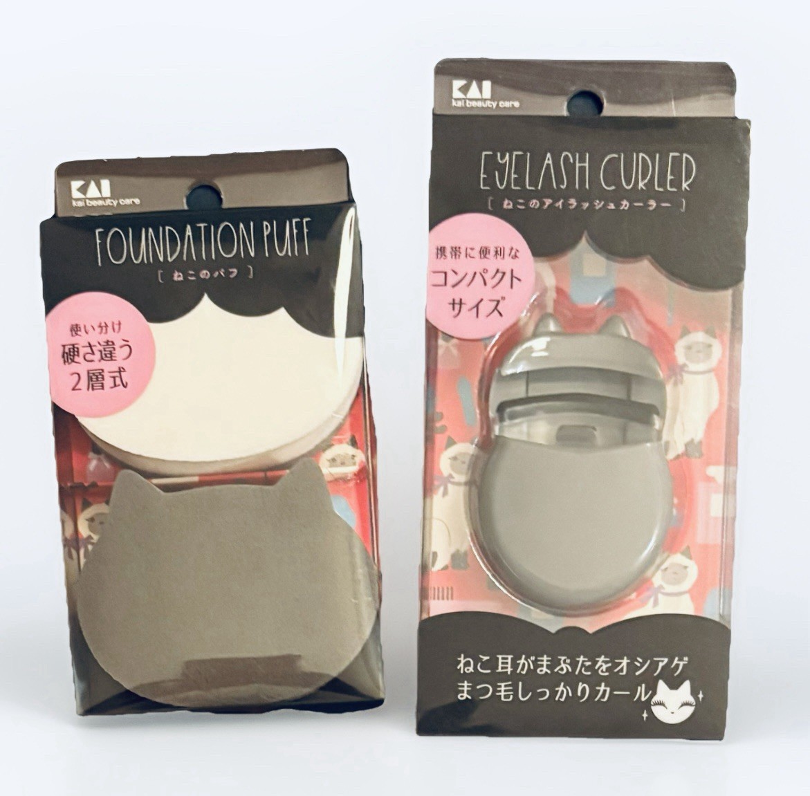 New KAI Nyarming Cat-Shaped Eyelash Curler &  Foundation Puffs Bundle