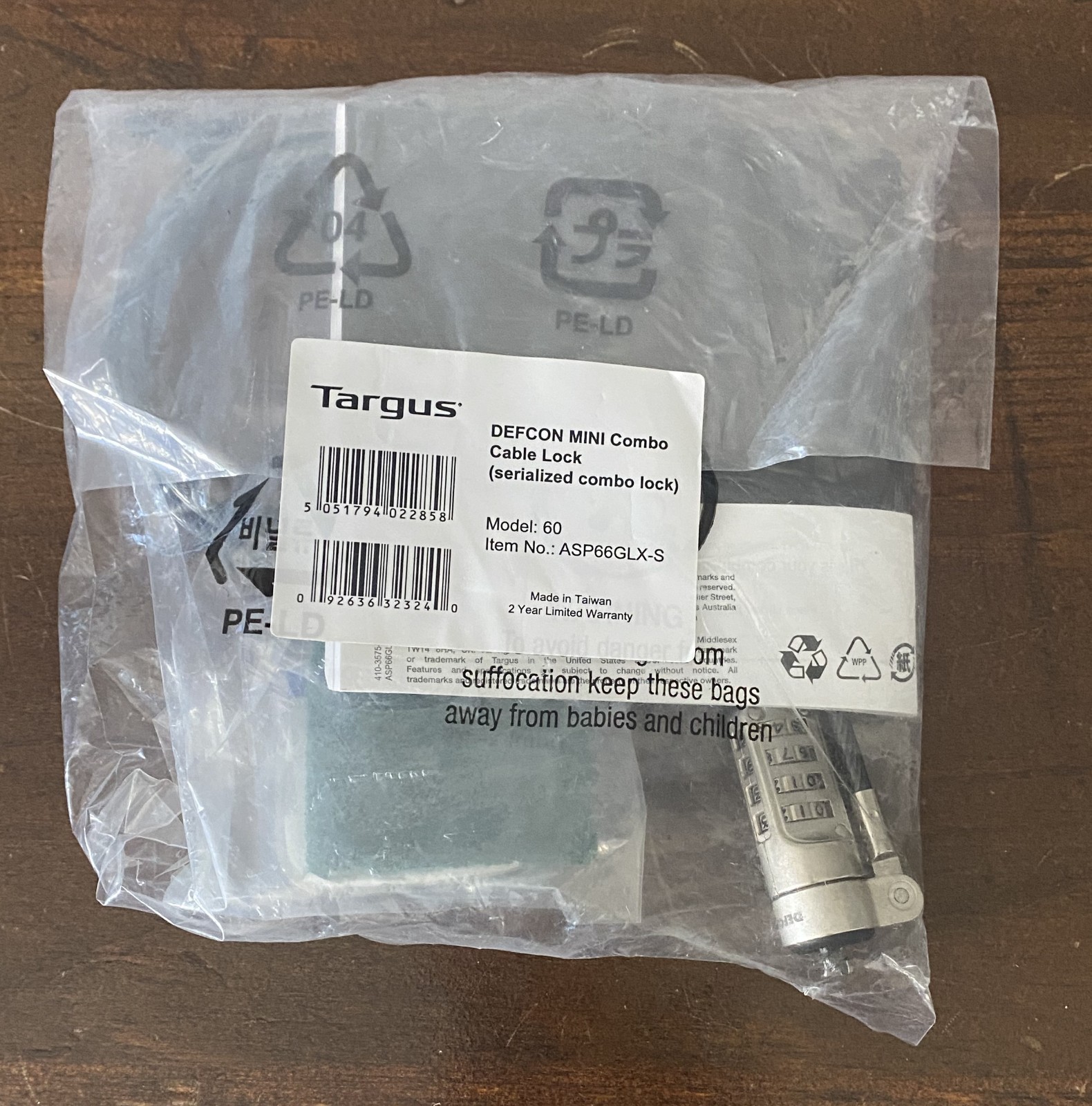 Targus MODEL 60 DEFCON Trapezoid Serialized Combo Cable Lock - Black (ASP66GLX)