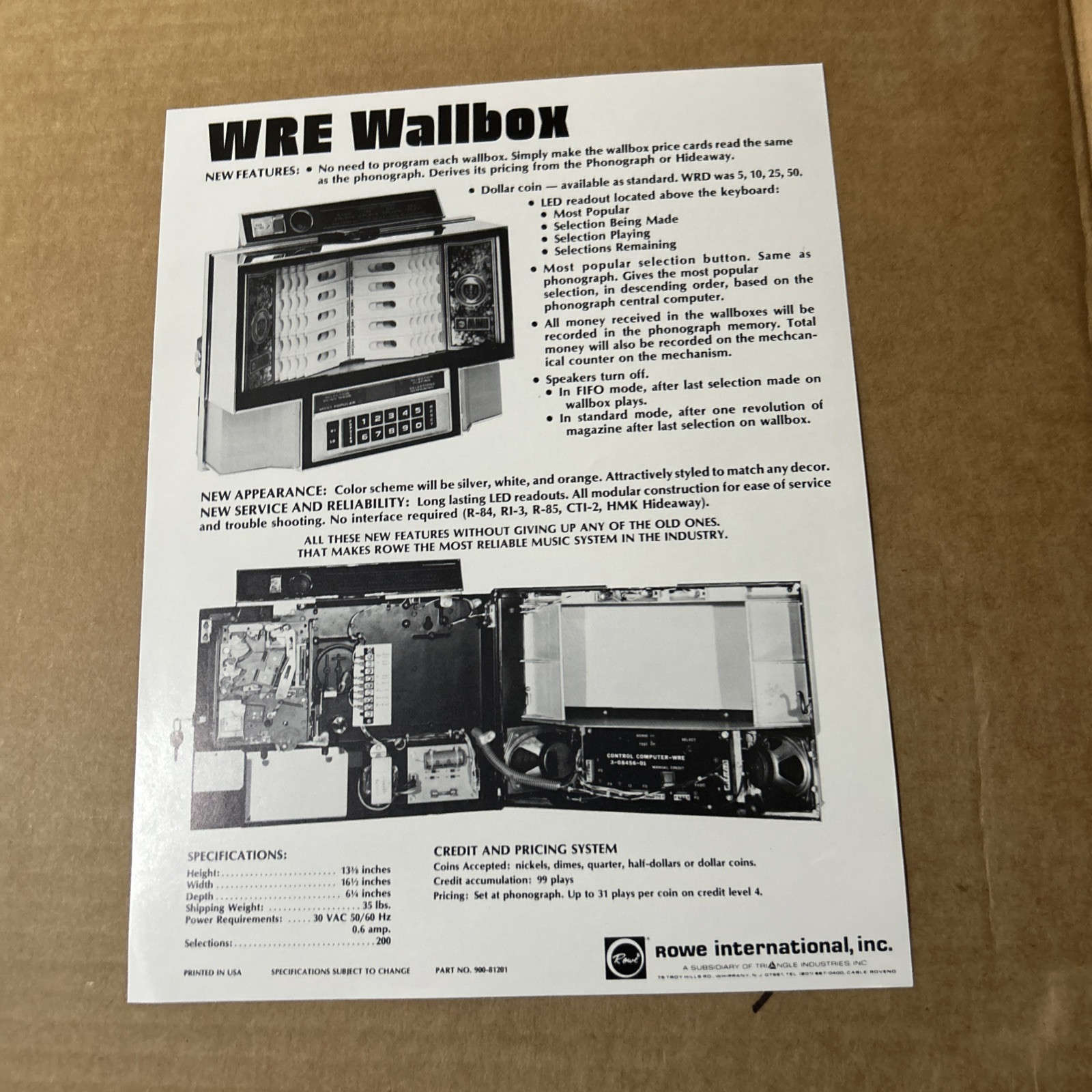 Old Stock Original Factory 11-8"Rowe Wre Wall Box Jukebox FLYER -misc