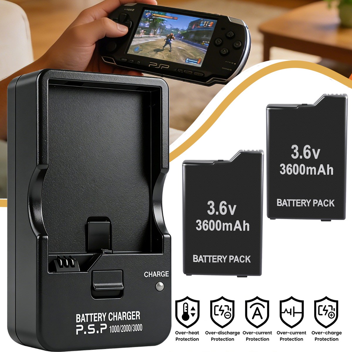 2 Pack 3600mAh Replacement Battery With Charger Kit For PSP 2000/3000 Slim New