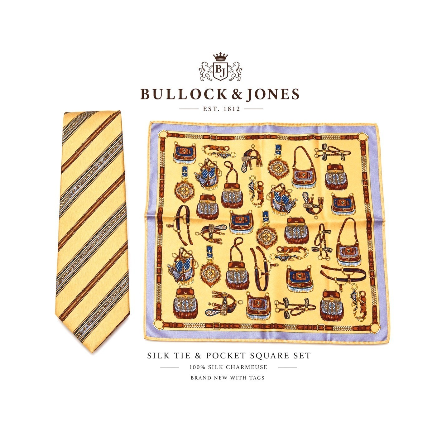 NWT Bullock & Jones Silk Chevalier Equestrian Tie and Pocket Square Set Heritage