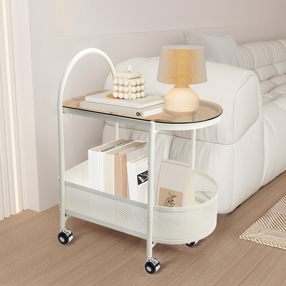 CERBIOR 2 Tier Rolling Side Table, Metal Coffee Handle Utility Cart for Living R