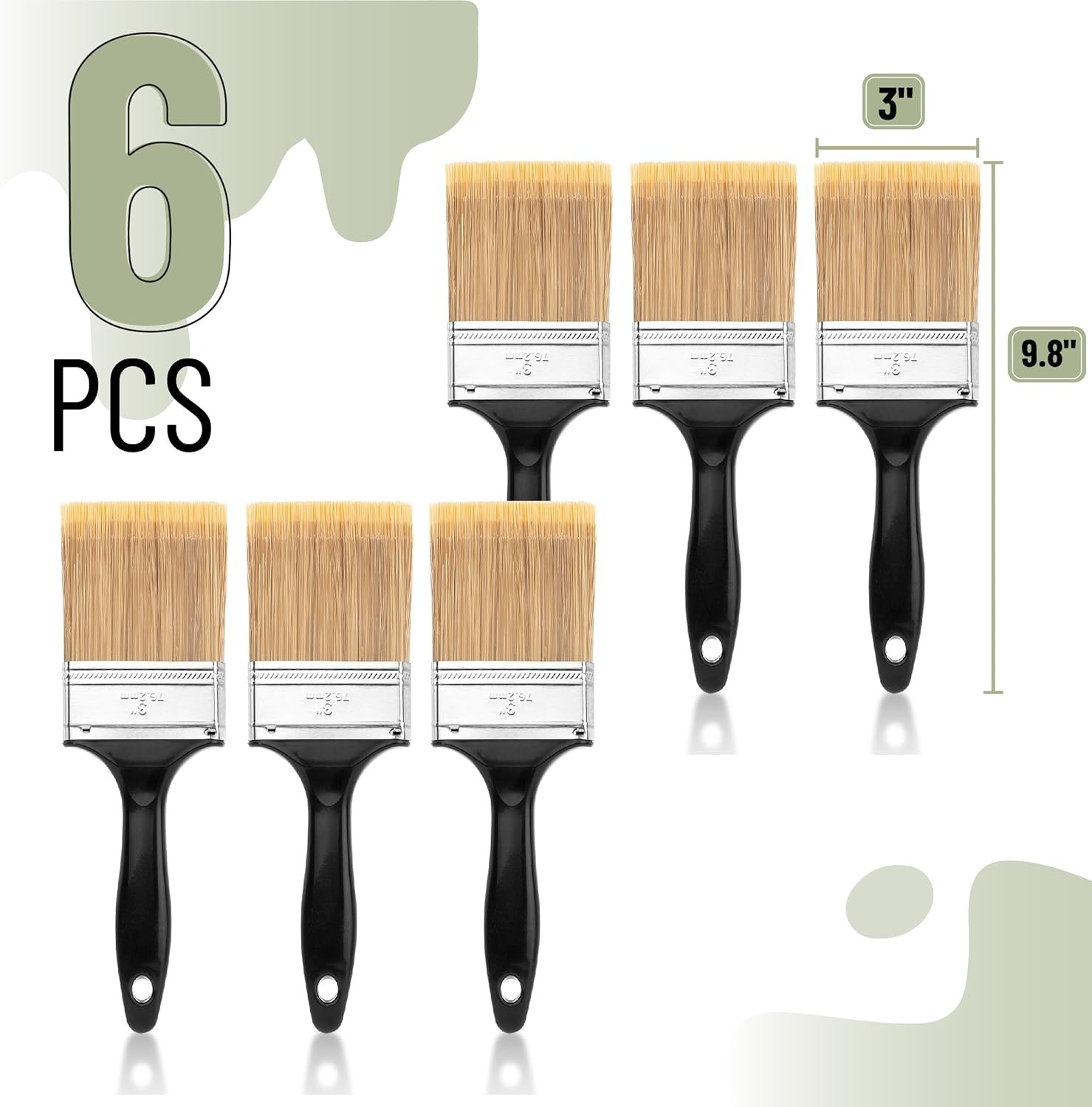 Bates- Paint Brushes, 3-Inch, 6 Pack, Plastic Handle Flat Paint Brushes for Wall