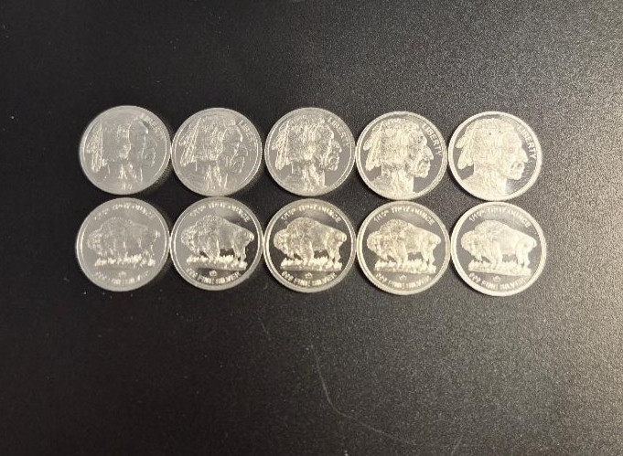 Lot of Five (5) 0.10 (1/10) Troy Ounce .999 Silver Indian/Buffalo Round Design