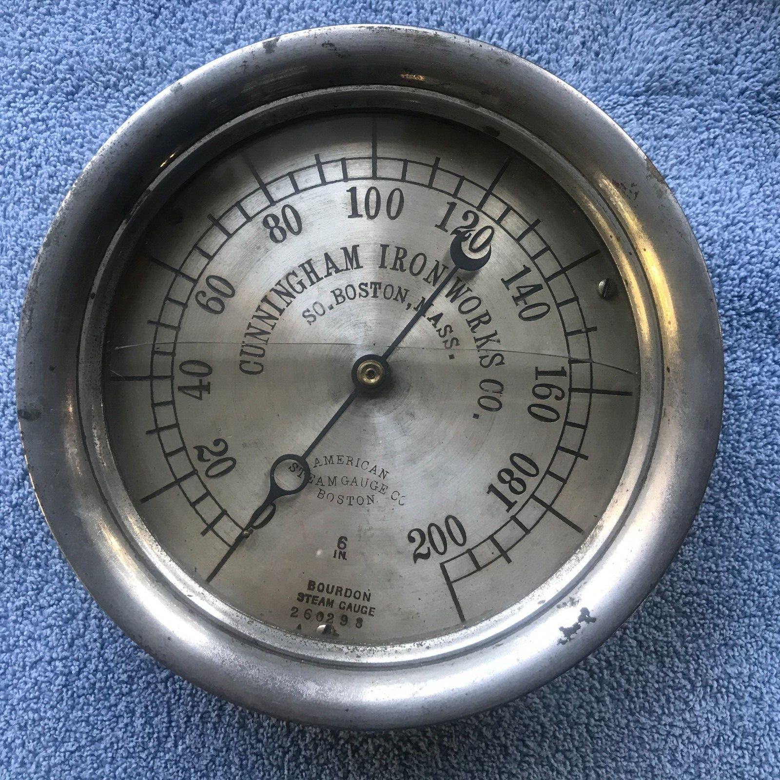AMERICAN STEAM GAUGE  6" STEAM GAUGE FOR CUNNINGHAM IRON WORKS CO. BOSTON MASS.